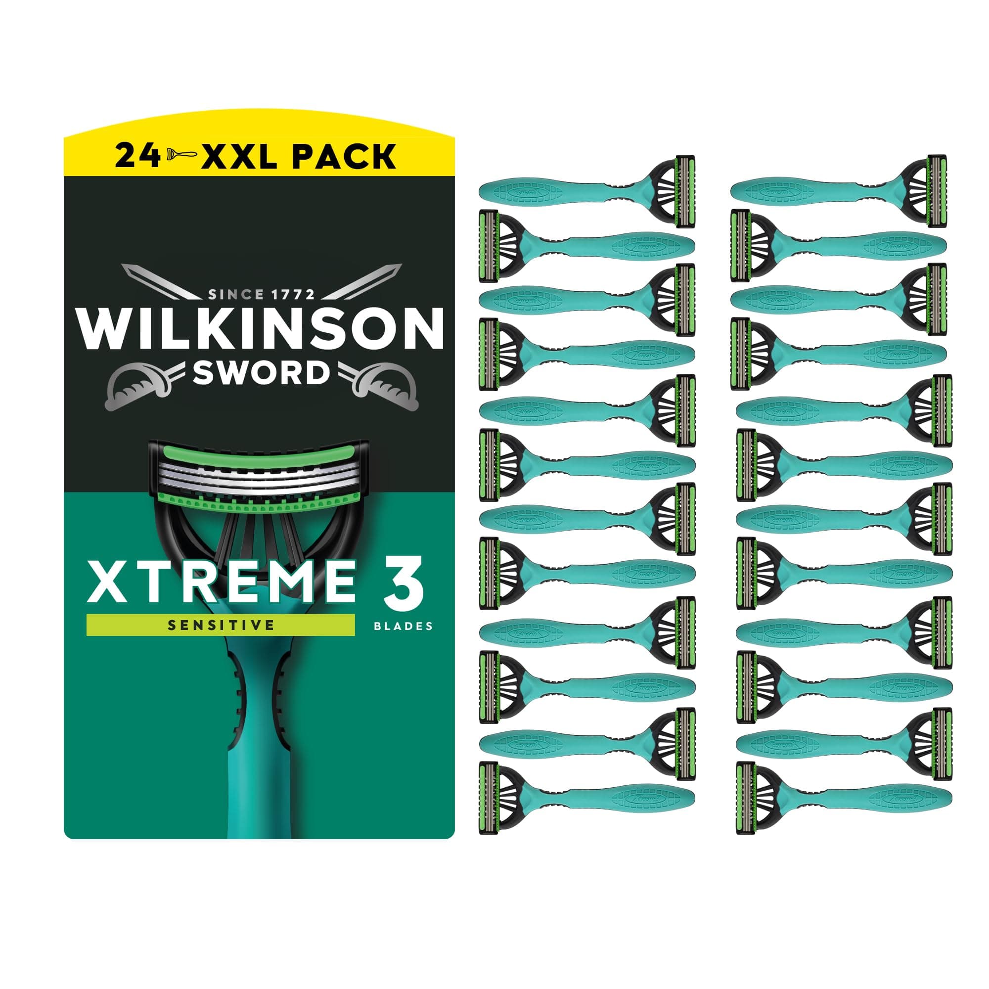 Wilkinson Sword Xtreme 3 Sensitive Disposable Razor for Men, Ideal for Men's Toiletry Bags, Perfect for Daily Shaving, Pack of 24