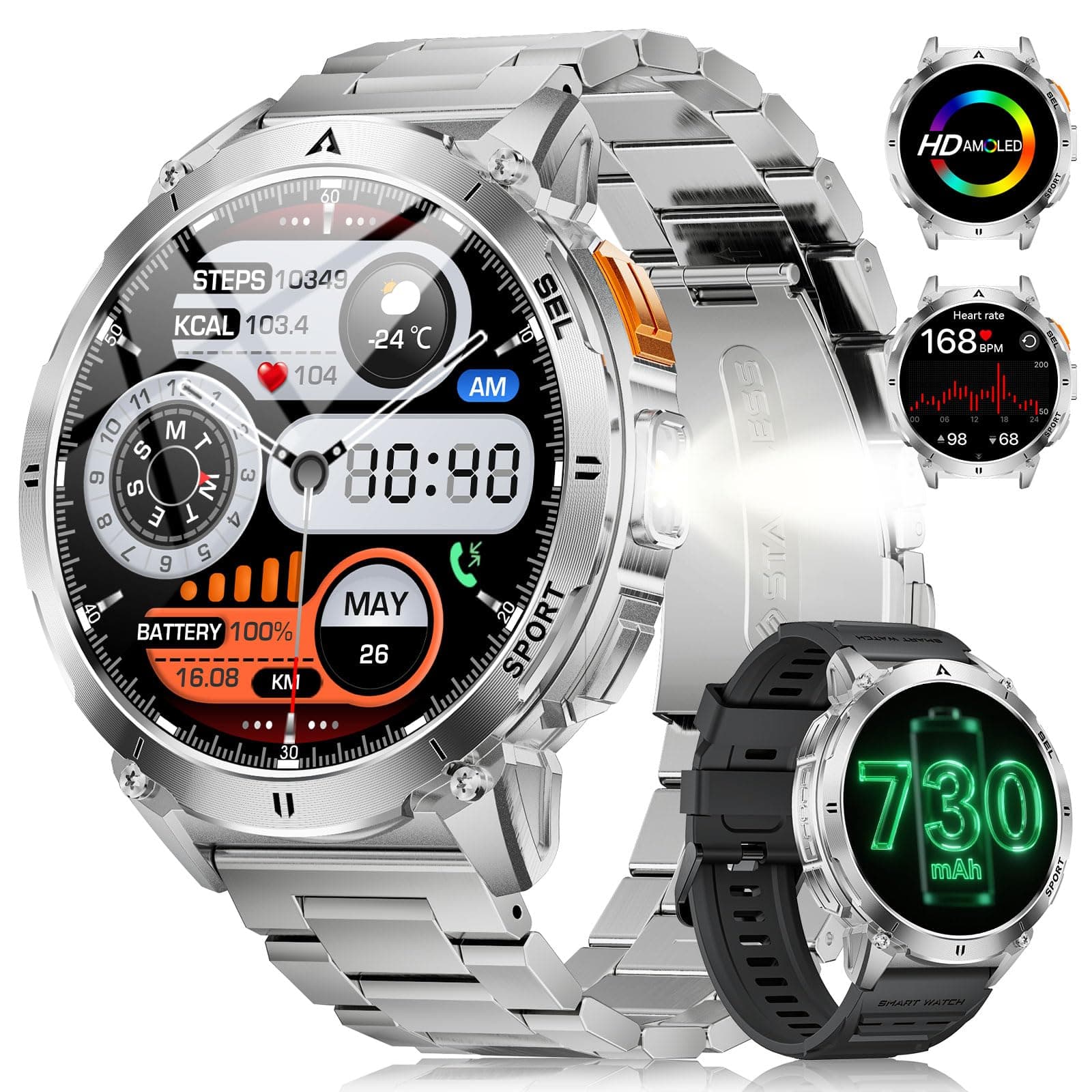 FOXBOX 1.62 Inch AMOLED Men's Smart Watch, 3ATM Waterproof Smartwatch with LED Torch for Android/iOS, Bluetooth Calling, 110+ Sportmodi, 24/7 Heart Rate/Sleep Monitoring, Silver - Image 1
