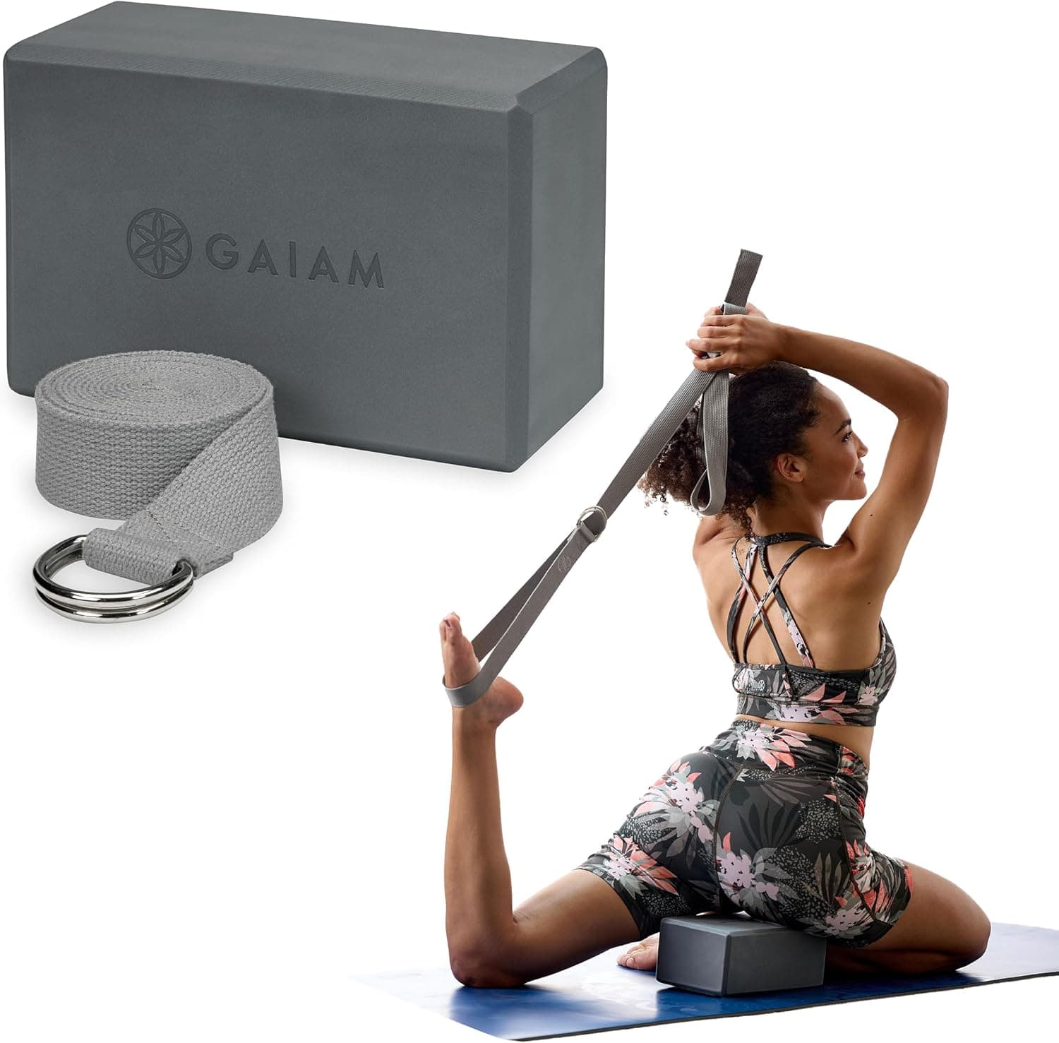 Gaiam Yoga Block and Yoga Strap Set - Yoga Block with Strap, Pilates and Yoga Accessories to Help Extend and Deepen Stretching, Yoga Kit for Stability,