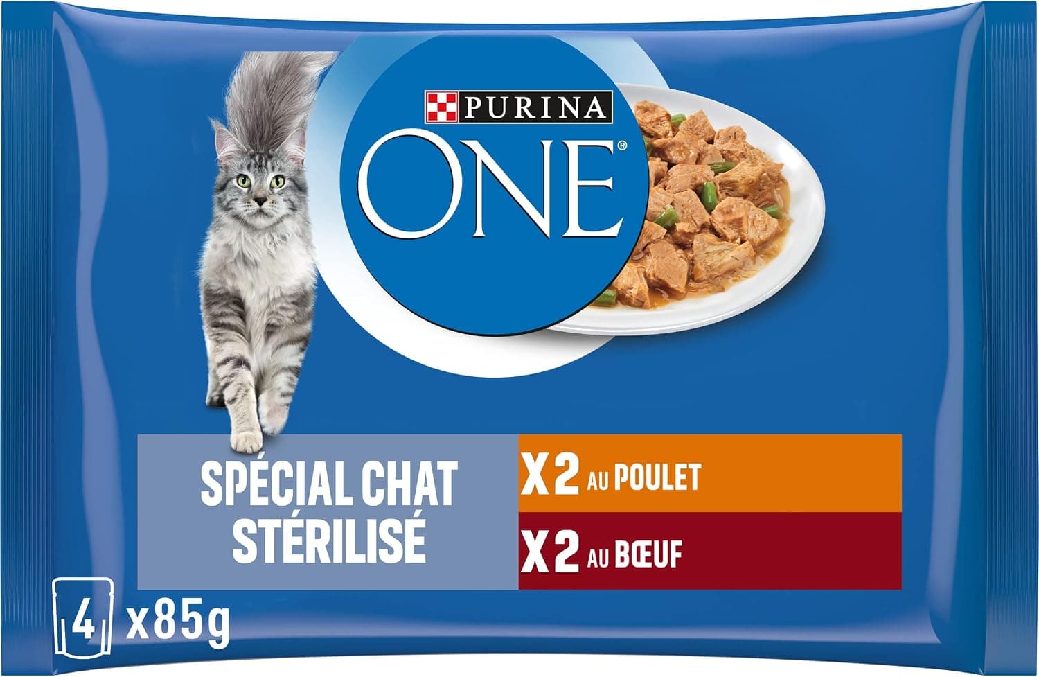 PURINA ONE | Benefits | Sterilized Adult Cat | Helps Control Weight and Maintain a Healthy Urinary System | Tapered in Sauce | Chicken, Beef | Fresh Sachets | Pack of 12 x (4 x 85g)