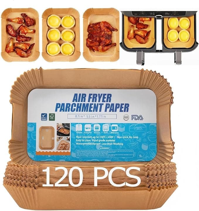 Baking Paper for Ninja Foodi Max Air Fryer, 120pcs 22x14cm Rectangular Paper Liner Fryer Oil Free Accessories for Ninja AF300EU /AF400EU/Cecotec/Moulinex 7.6-9.5L Dual Zone Airfryer - Image 1