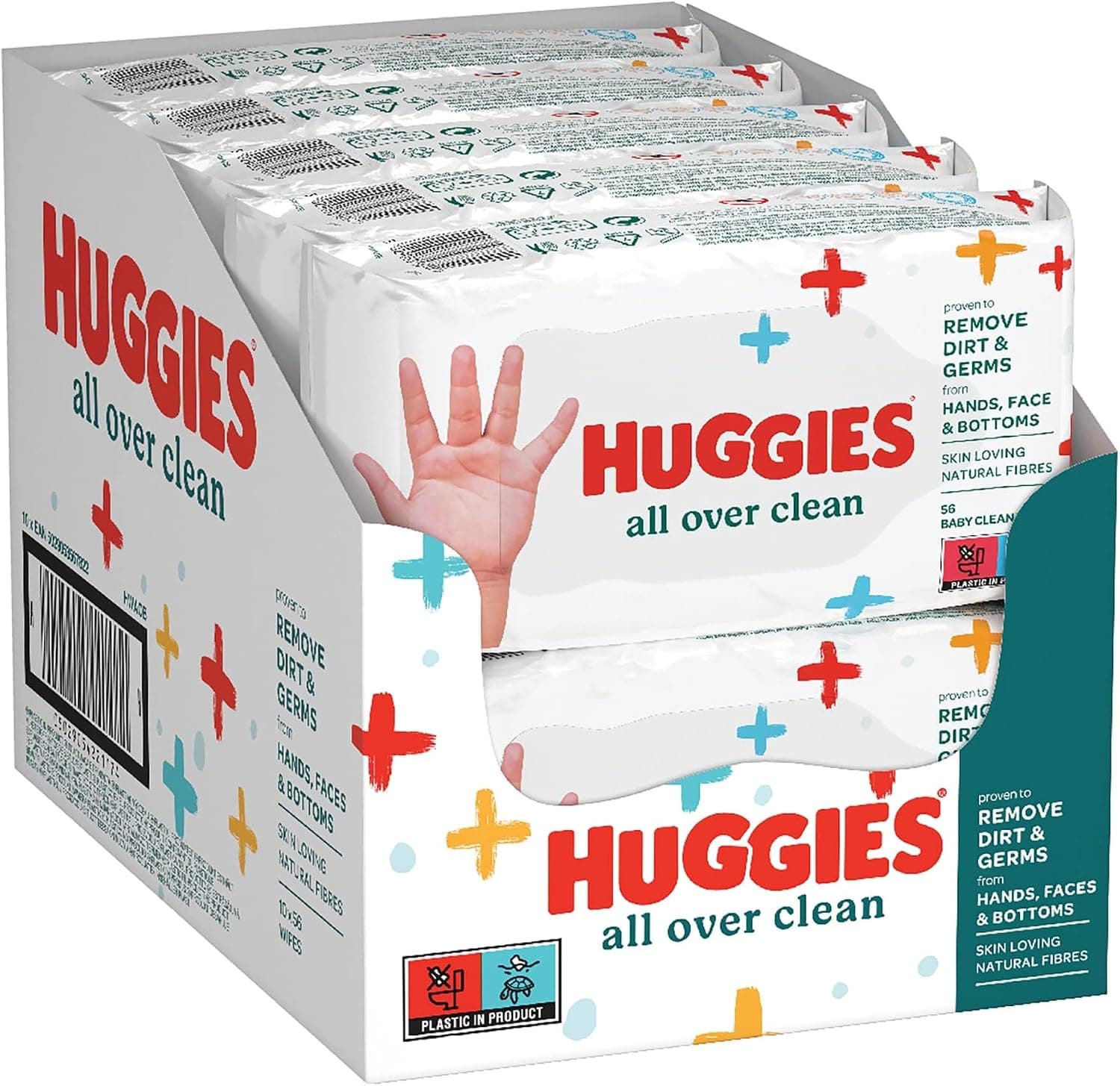 Huggies All Over Clean Baby Wipes, 10 Packs of 56 Wipes, Gently Cleans, Natural Fibres, Ideal for Baby Changing and Washcloth