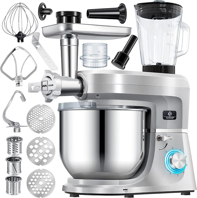 KESSER® K-KM 3000 Universal 3-in-1 Food Processor with Meat Grinder, Kneader | Multifunctional Blender | 1.5L Juice Extractor, Sausage Kit, Pasta and Cookie Moulds, Silver