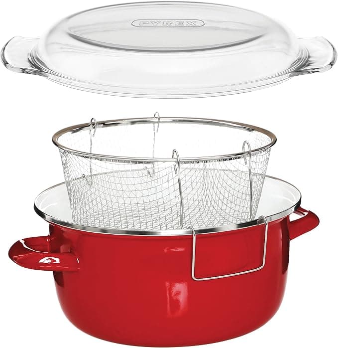 Pyrex Premier Housewares Pyrex Deep Fryer with Lid / Wire Basket / 5 Litre - 16 x 33 x 27 cm - Red