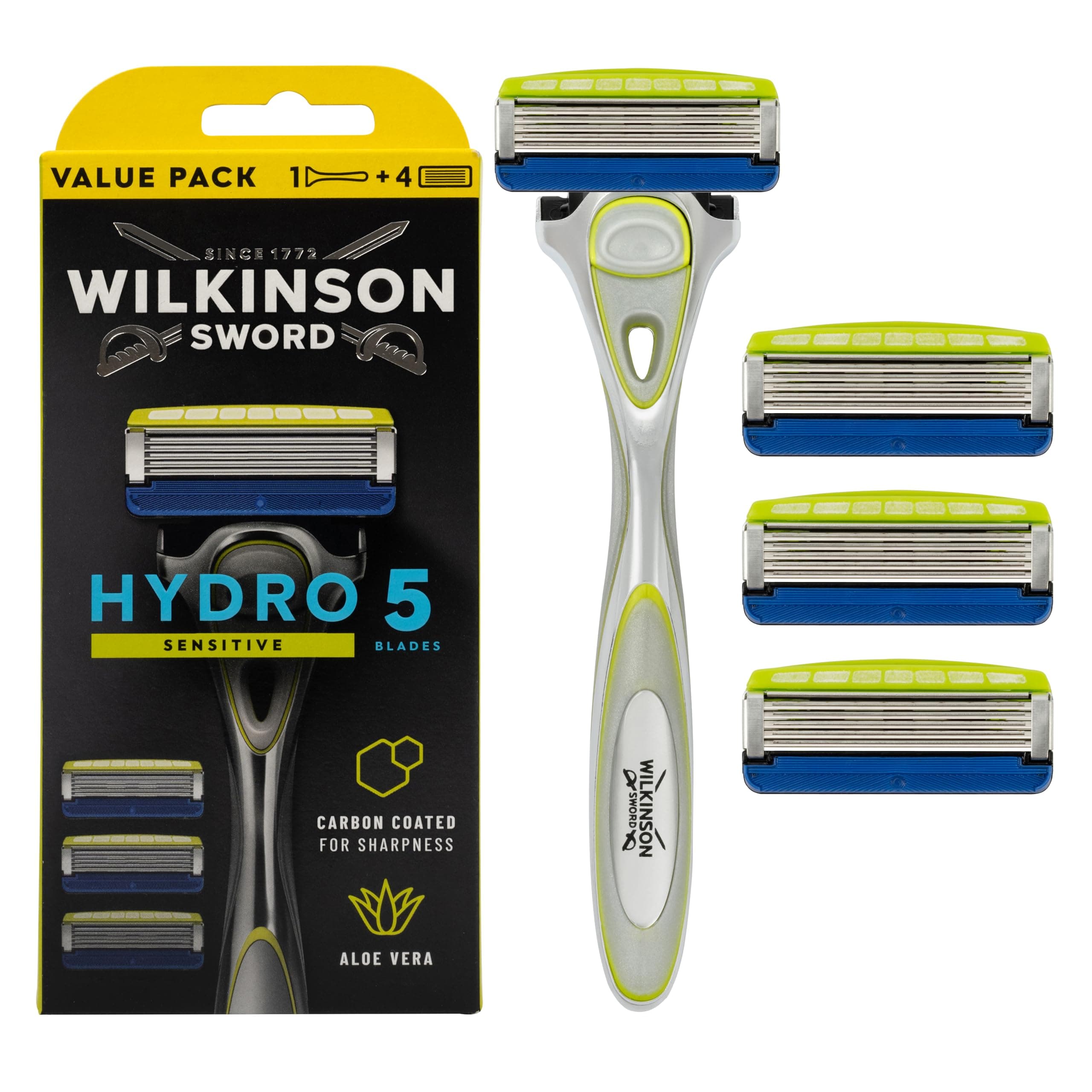 Wilkinson Sword Wilkinson Sword Hydro 5 Sensitive Razor for Men - Aloe Vera to Reduce Irritation - Moisturizing Gel and Precision Blade - 1 Razor Handle + 4 Blade Refills