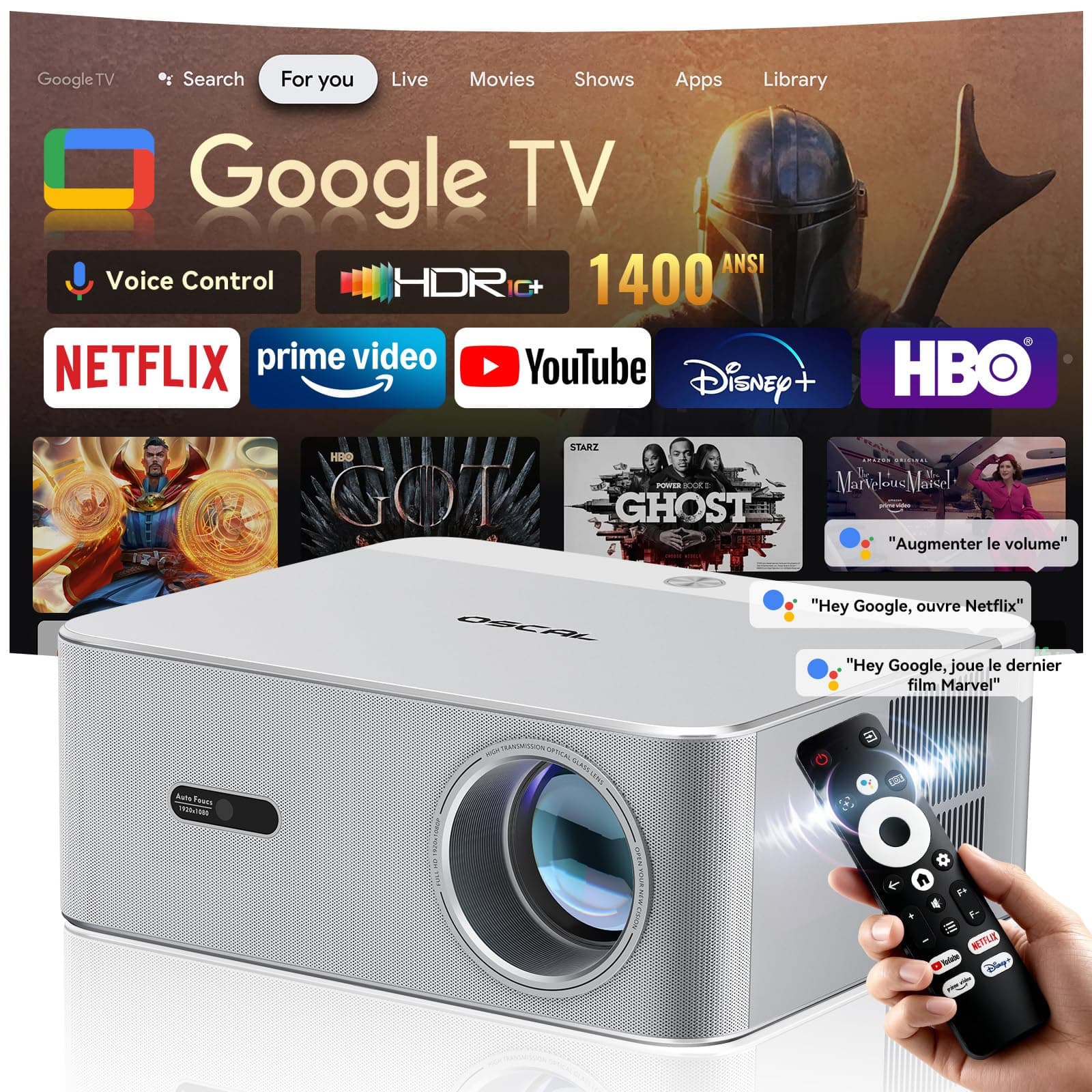 4K Video Projector 【1400 ANSI/Google TV】 Netflix/Disney+ Official, Auto Focus/Keystone Projector WiFi 6 Bluetooth 1080P Native, OSCAL PV800 Pro Video Projector 4K Home Cinema/Outdoor for Phone/PS5 - Image 1