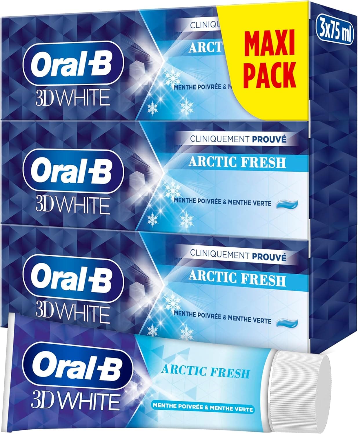 Oral-B Oral-B 3D White Arctic Fresh Dentifrice Éliminant Des Taches Pour Des Dents Plus Blanches Dès Le Premier Brossage, Doux Pour L’Émail, Arôme Menthe Poivrée Et Menthe Verte, Lot De 3 x 75ml