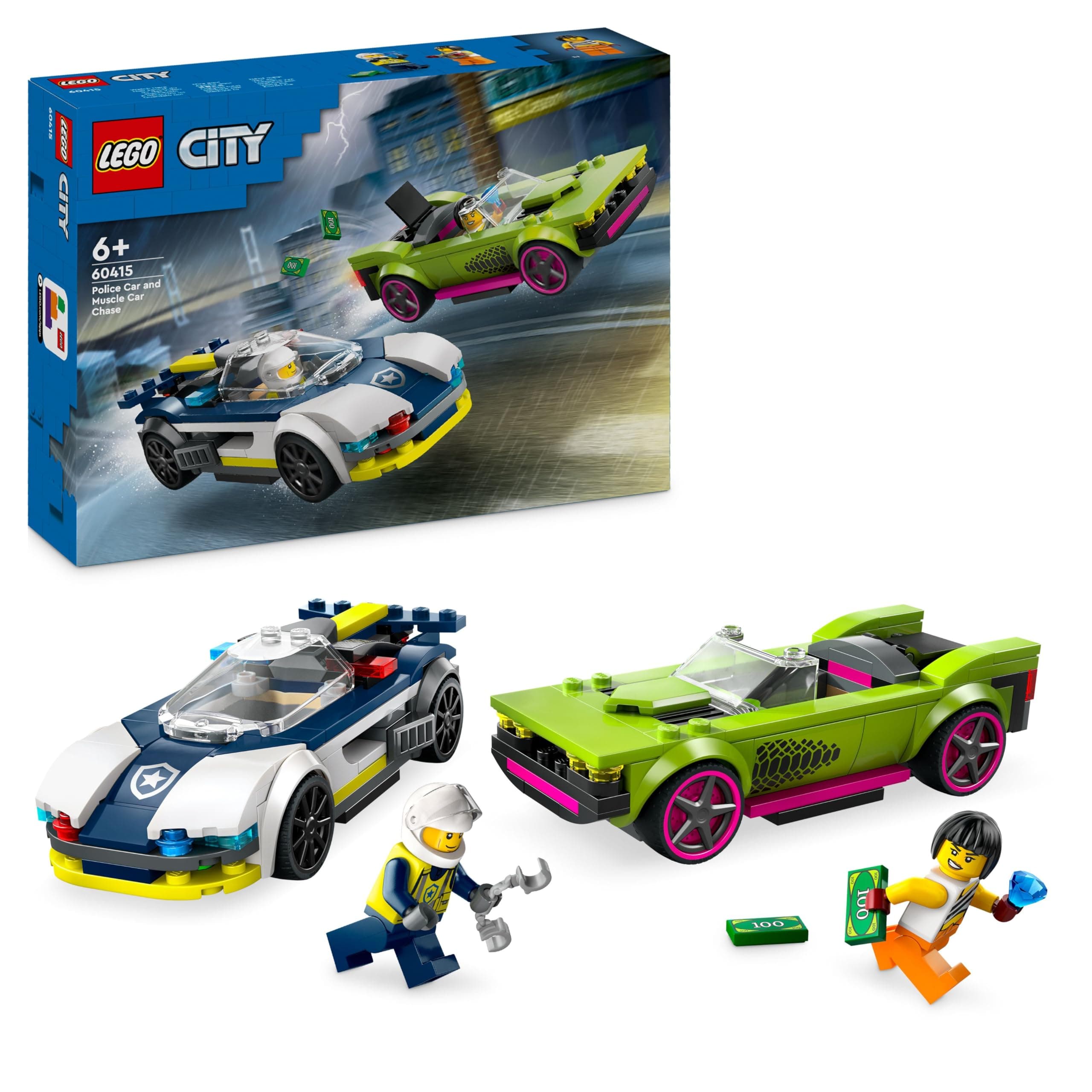 LEGO City La Course-Poursuite entre la Voiture de Police et la Super Voiture, Jouet Imaginatif et de Rôles, Minifigurines d'Agent et Voleuse, Cadeau pour Garçons et Filles Dès 6 Ans 60415
