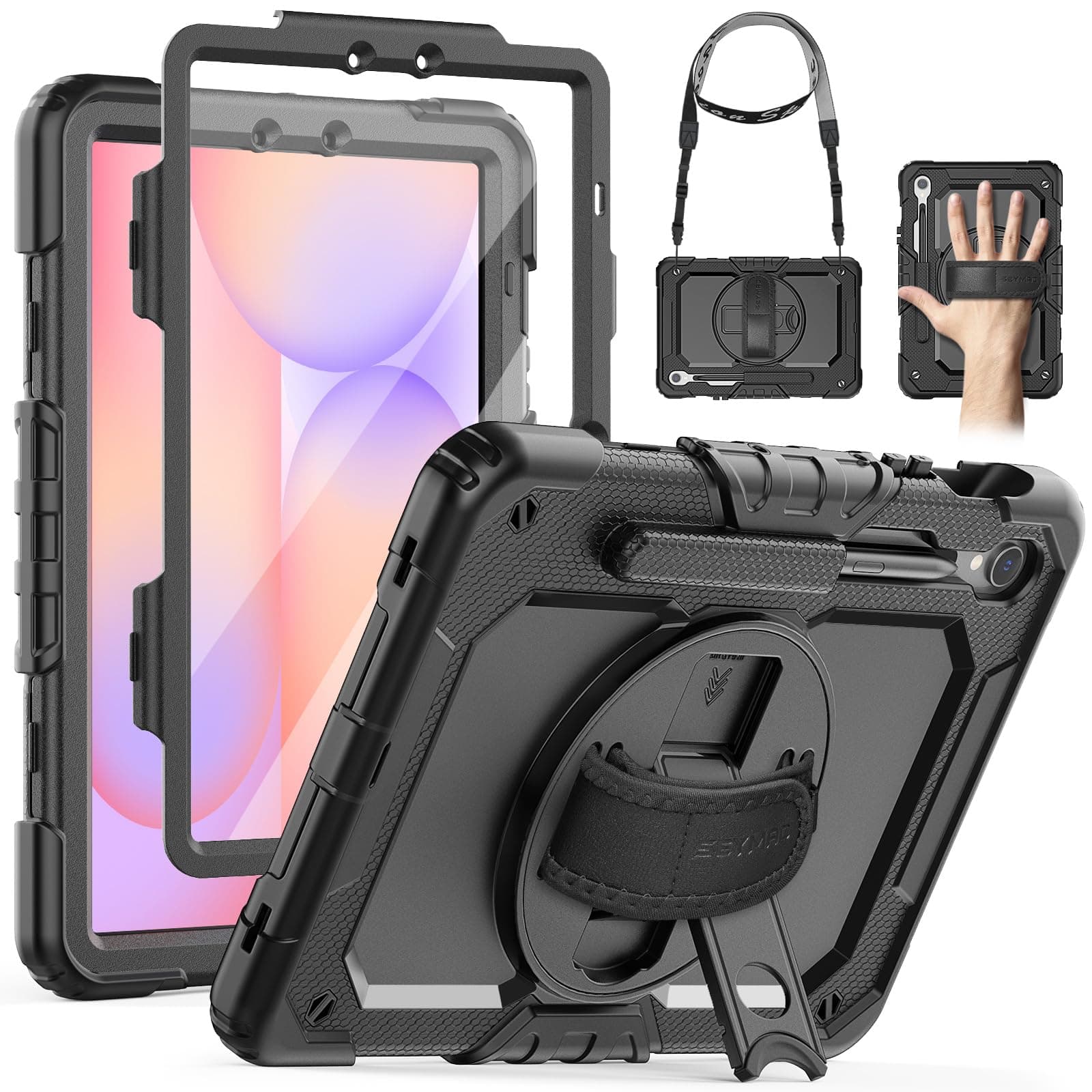SEYMAC Case for Samsung Galaxy Tab S10 Lite / S10 FE / S9 FE 10.9 inches/S9 11 inch, Shockproof Case with Screen Protector, Hand Strap, Shoulder Strap, Stand and Pen Holder, Black