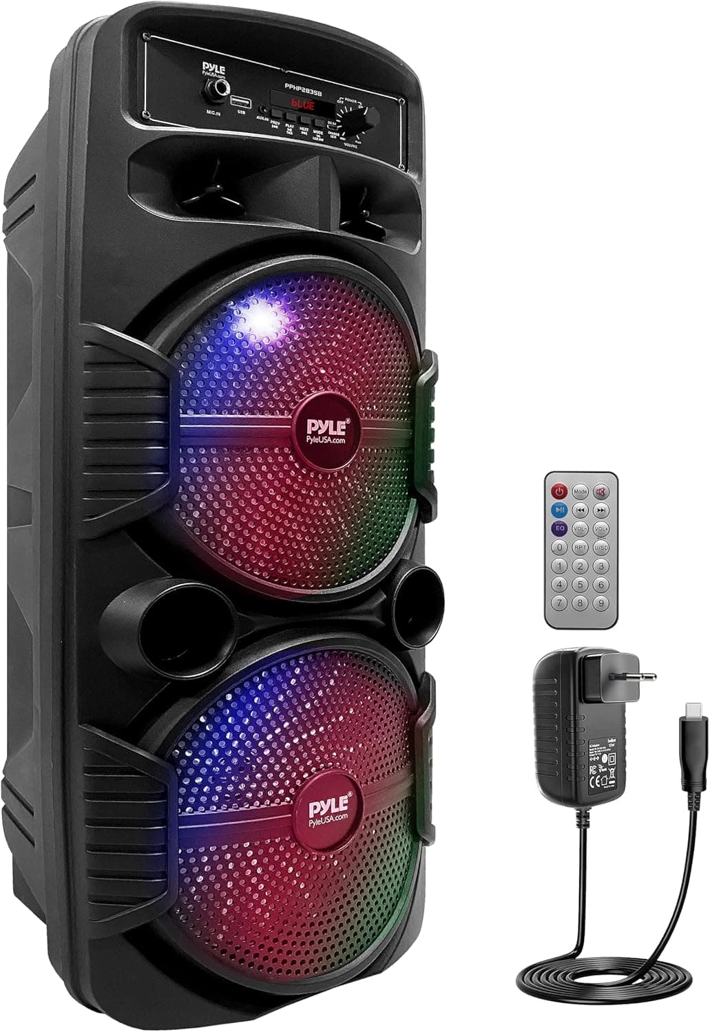 Pyle Bluetooth Speaker, 600W Rechargeable Outdoor Portable Speaker Sound Speaker with Dual Subwoofer, Tweeter, Microphone Input, Party Lights, USB, Radio, Remote Control