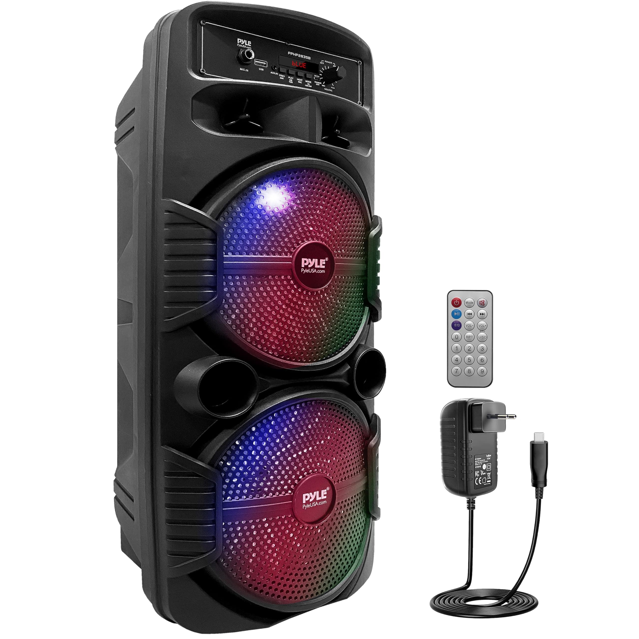 Pyle Bluetooth Speaker, 600W Rechargeable Outdoor Portable Speaker Sound Speaker with Dual Subwoofer, Tweeter, Microphone Input, Party Lights, USB, Radio, Remote Control - Image 9