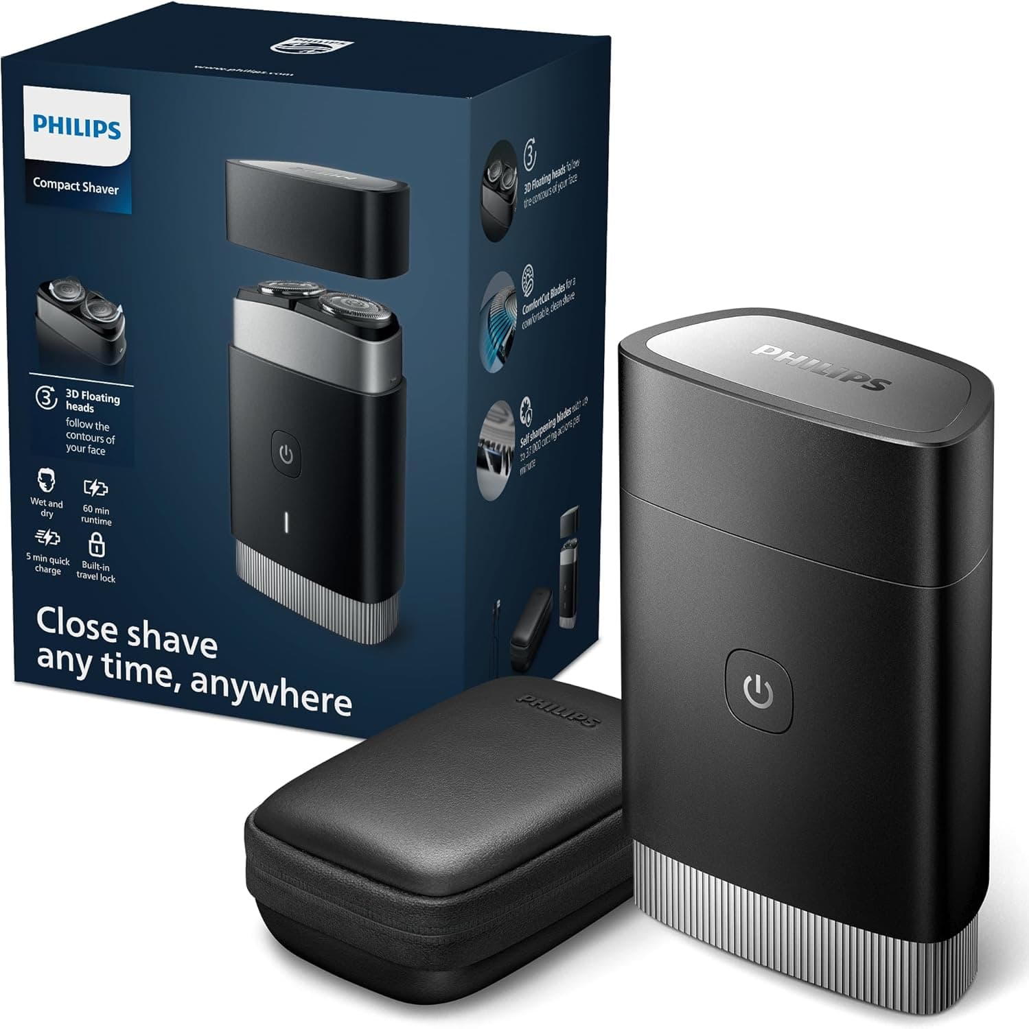 Philips Rasoir portable Philips, rasoir électrique sec et humide, système de lames ComfortCut, têtes flottantes 3D, design compact, batterie puissante, modèle PQ888/06