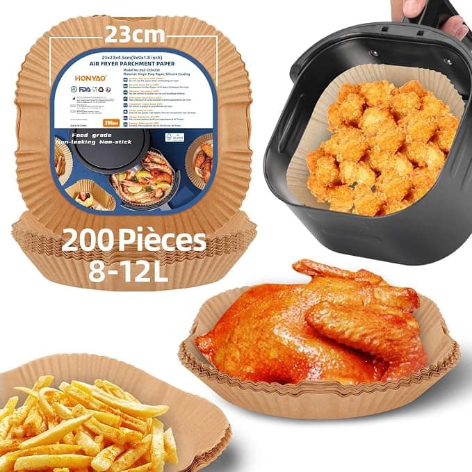 HONYAO 200 Pieces Square Baking Paper Air Fryer XXXL Thickened for Air Fryer 8-12 L, Airfryer Parchment Accessories Compatible with Cecotec Russell Hobbs Euary Airfryer - Image 1