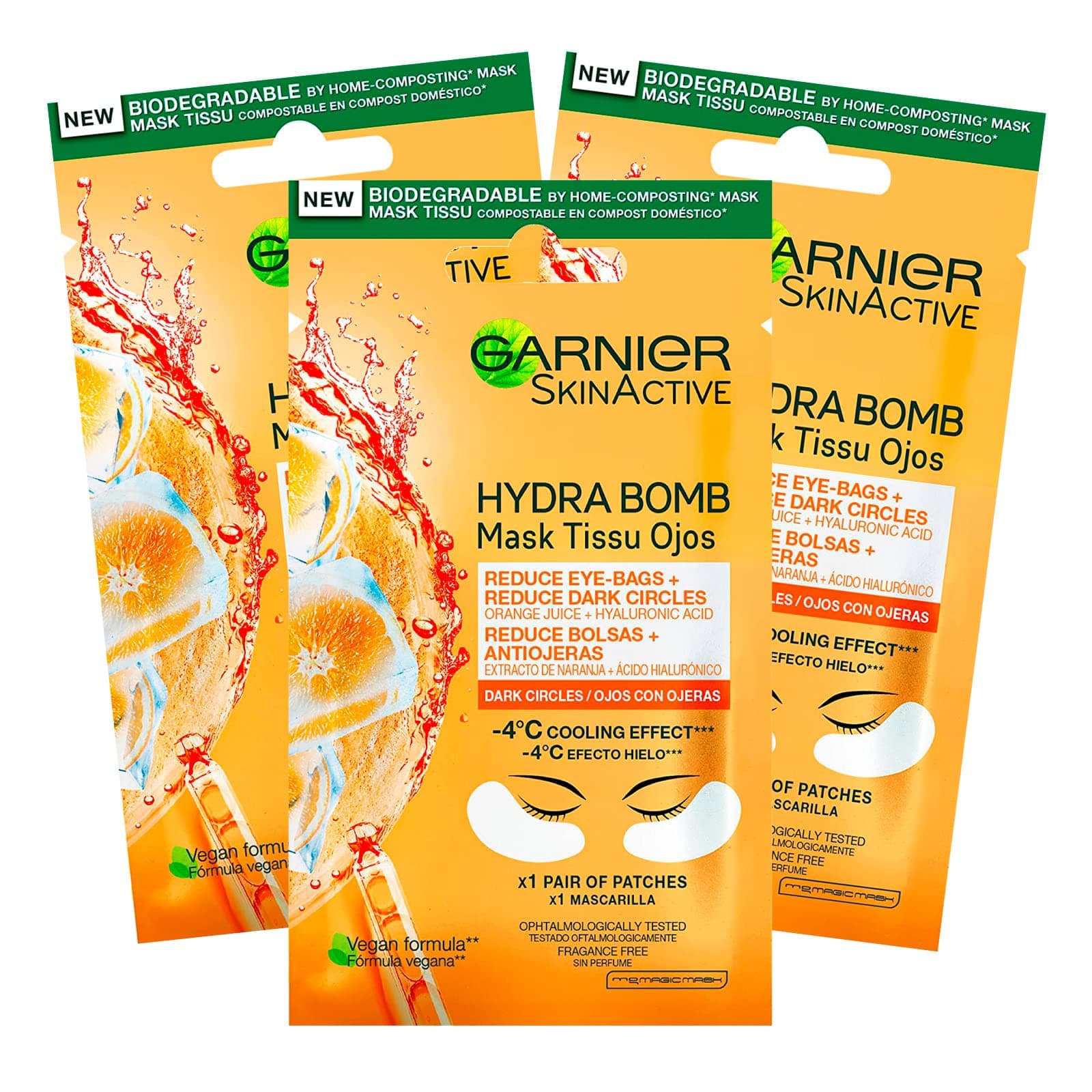 Garnier SkinActive Anti-Fatigue Eye Mask with Orange Juice and Hyaluronic Acid for Dull and Tired Eyes – 3 Packs of 1 Application