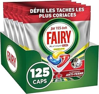 Platinum Plus Dishwasher Tablets, Family Size 125 Doses 25 x 5, Lemon Scent, Anti-Dull Technology, Restores Radiance, Prevents Limestone, Built-in Pre-wash, Efficiency Short Cycle