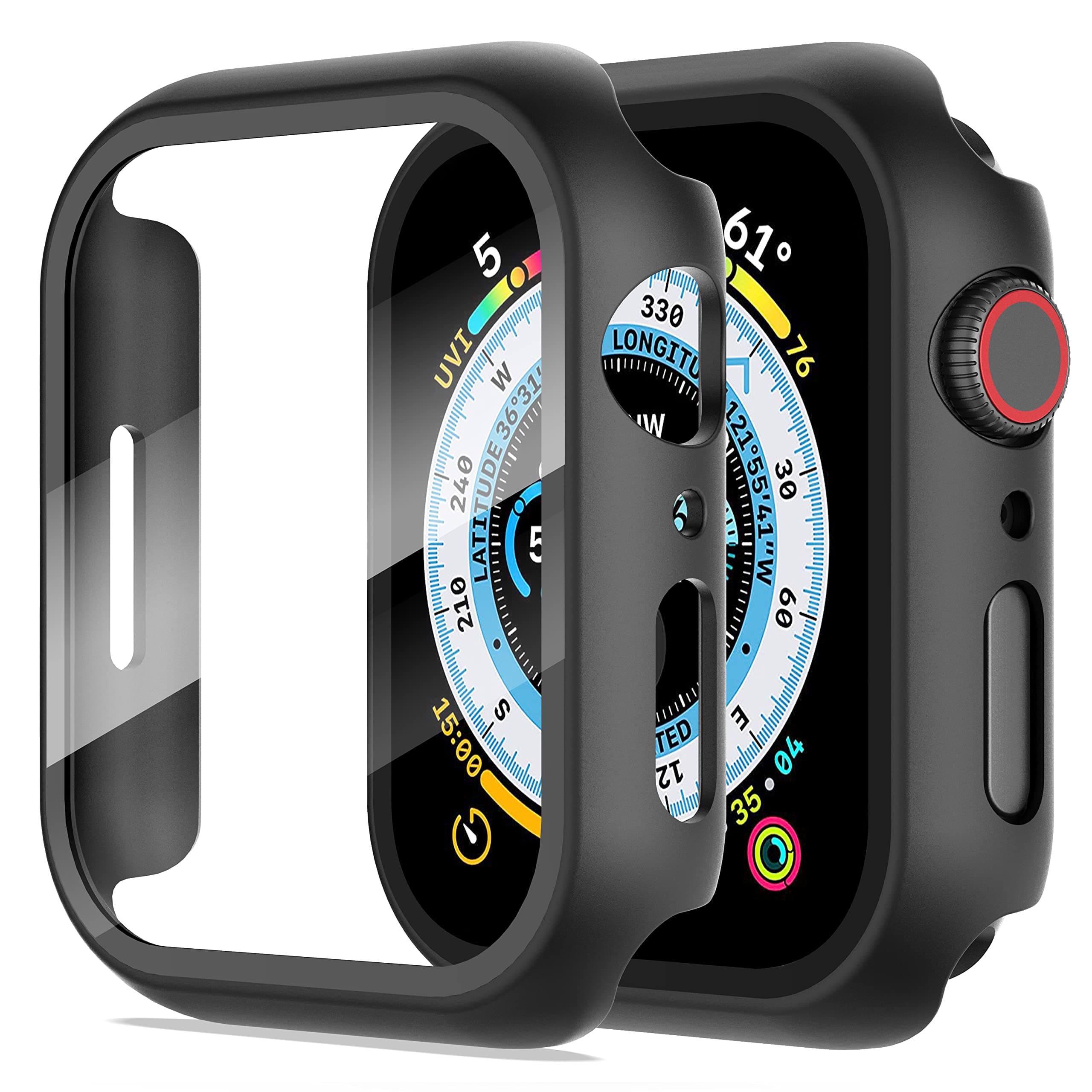 Diruite 2 Pieces Case for Apple Watch Series 9/8/7 45mm Hard PC Material Ultra Thin Tempered Glass Screen Case, Black, 45mm