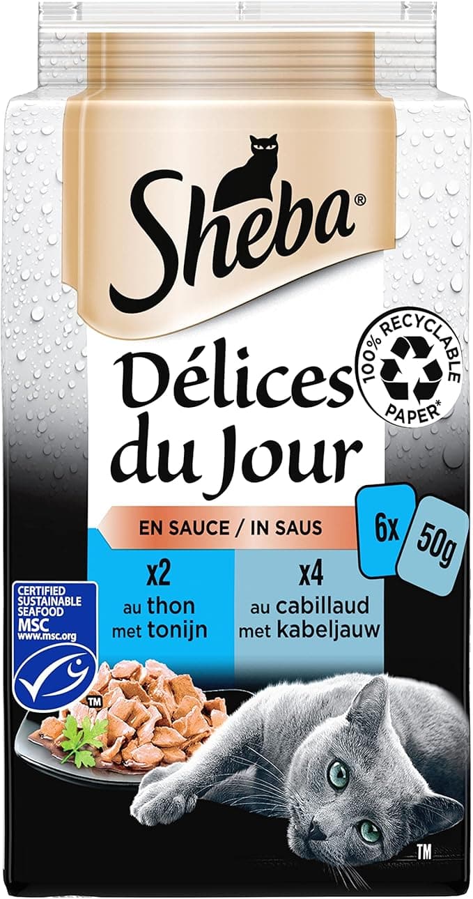 Sheba Délices du jour - Freshness Sachets for Adult Cats, Fish Selection in Sauce, 6 x 50g Lunch Bags