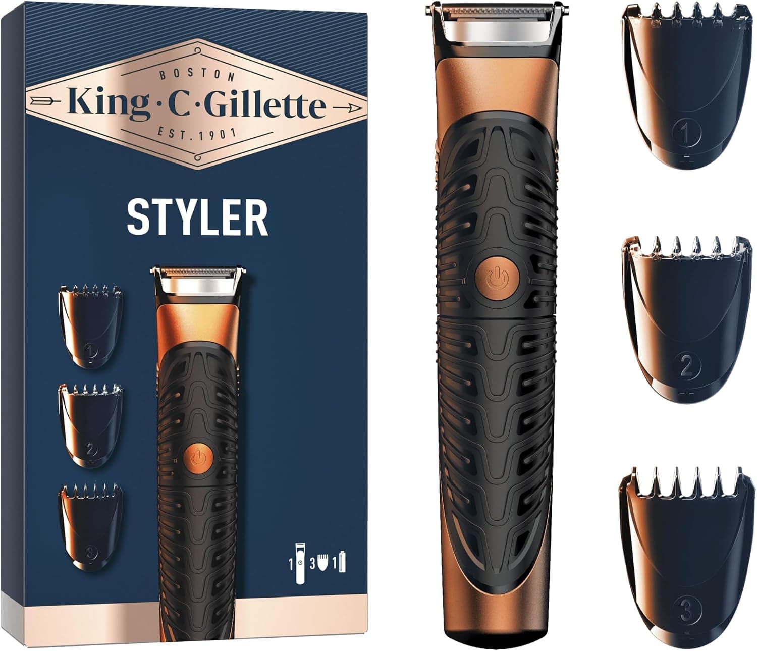 Gillette King C Tondeuse Electrique A Barbe Pour Hommes, 3 Sabots Interchangeables Pour Définir Les Contours Du Visage, Lame De Précision, Étanche, À Pile Sans Fil, Technologie Braun