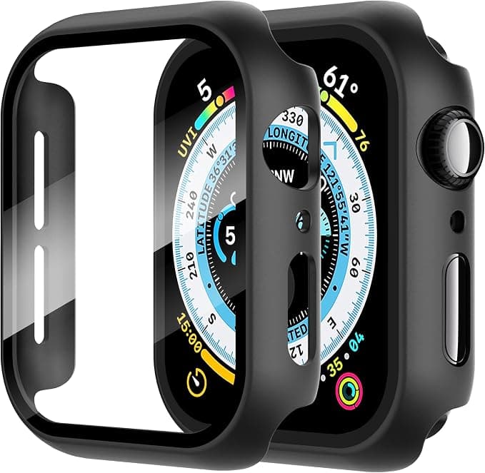 Diruite 2 Pieces Case for Apple Watch SE 3/2/1 /Series 6 5 4 44 mm Hard PC Material Ultra Thin Tempered Glass Screen Case, Black, 44 mm - Image 1