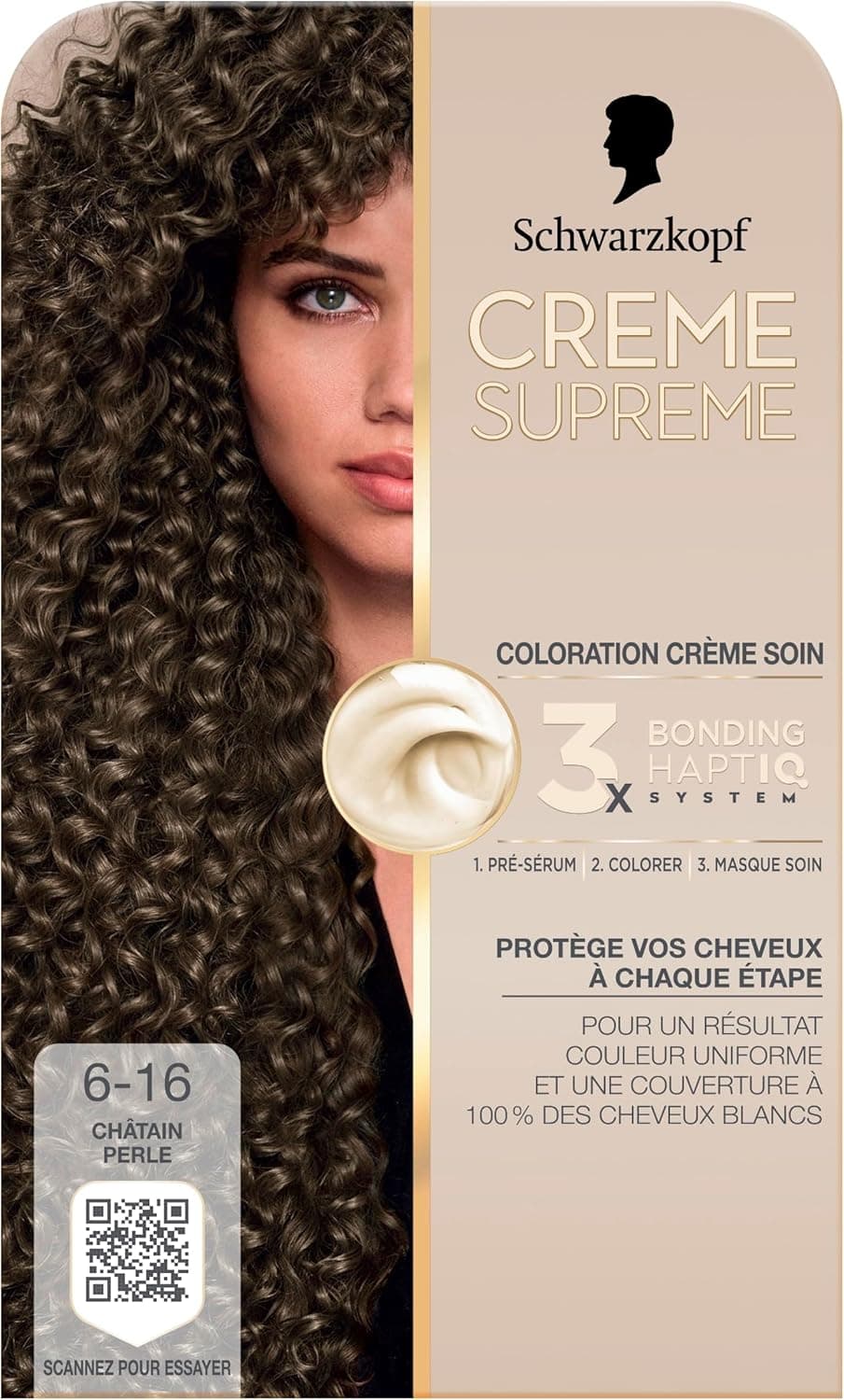 Creme Supreme - Schwarzkopf - Coloration Permanente - Resultat Couleur Uniforme - Coloration Creme Soin - Bonding - Pre-serum et Masque Soin - Couverture 100% Cheveux Blancs - 6-16 - Chatain Perle