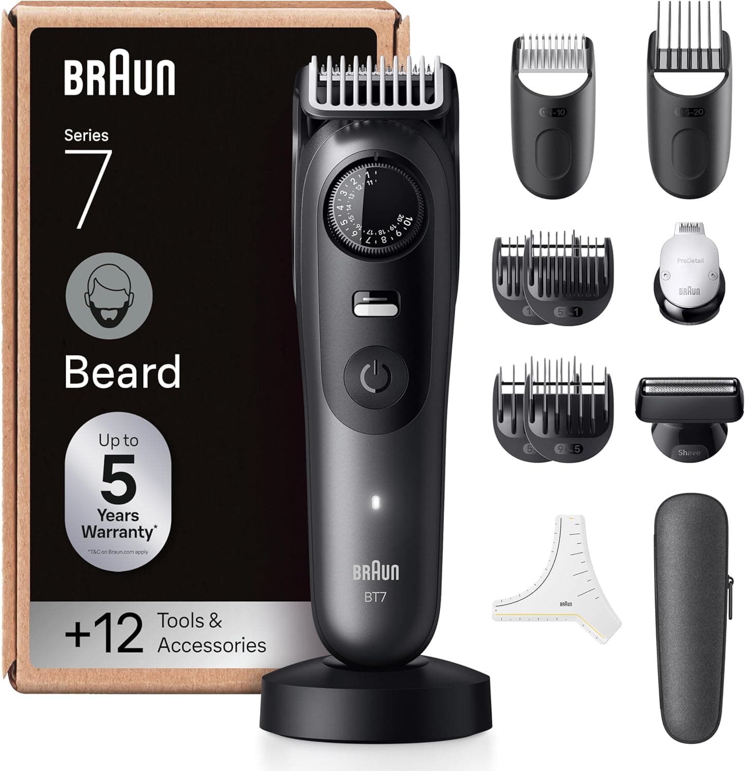 Braun Tondeuse À Barbe Series 7, + 12 Outils de Barbier, Lame ProBlade Affûtée Et Inusable, Jusqu'à 120 Min D'autonomie, 40 Longueurs, Étanche, Molette De Précision Et Verrouillage, BT7545, Gris