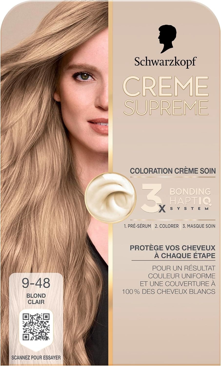 Creme Supreme - Schwarzkopf - Coloration Permanente - Resultat Couleur Uniforme - Coloration Creme Soin - Bonding - Pre-serum et Masque Soin - Couverture 100% Cheveux Blancs - 9-48 - Blond Clair