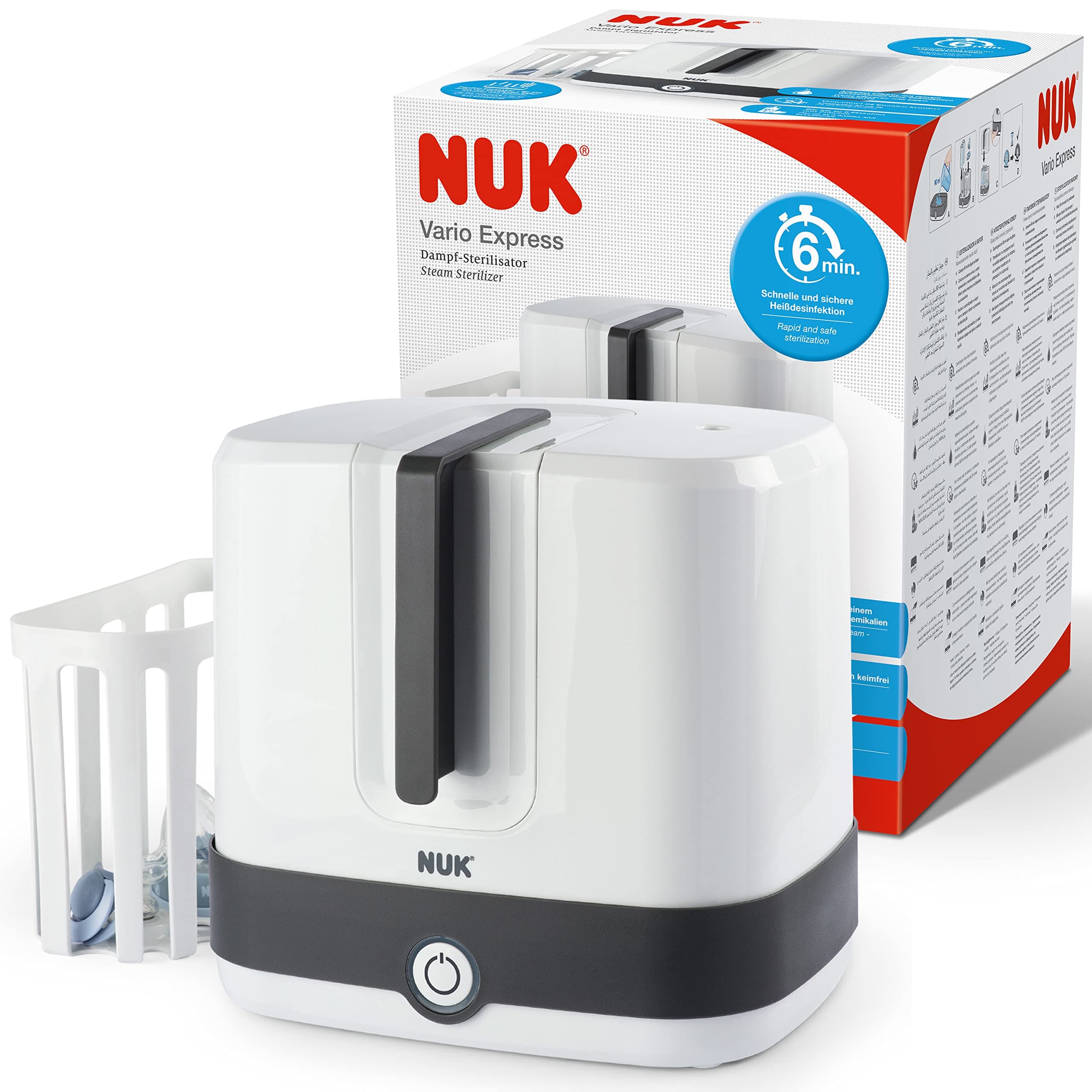 NUK Vario Express Bottle Sterilizer | Steam Sterilises Up to 6 Bottles and Accessories in 6 Minutes | Auto Shut-Off | Removable Basket and Stems | 2 Pin EU Plug - Image 1