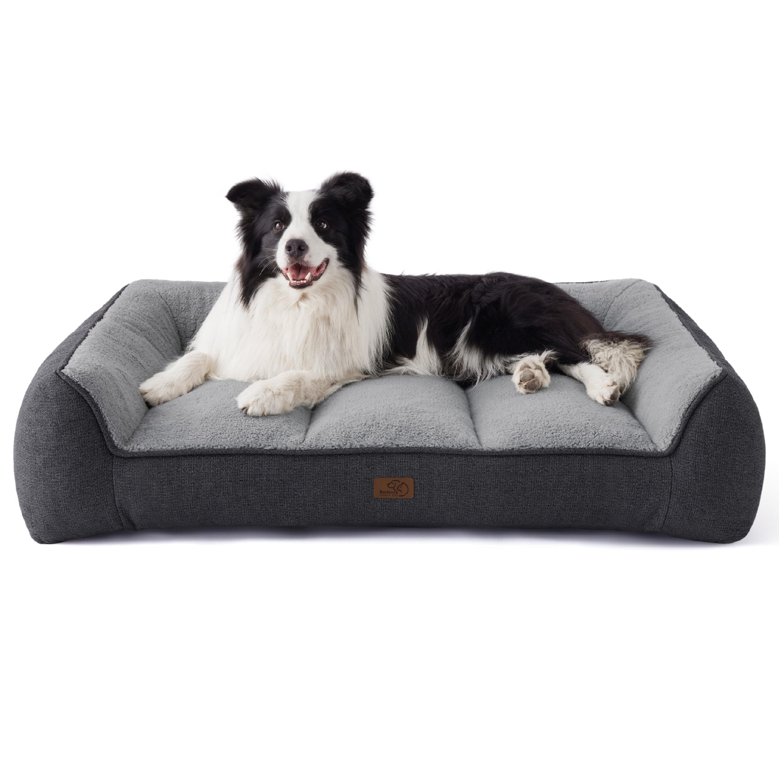Bedsure Washable Large Dogs Bed, 96 x 71 cm, Extra Thick and Supported Dog Sofa with Waterproof Cover, Non-Slip Soft Sherpa Plush Bed, Dark Grey