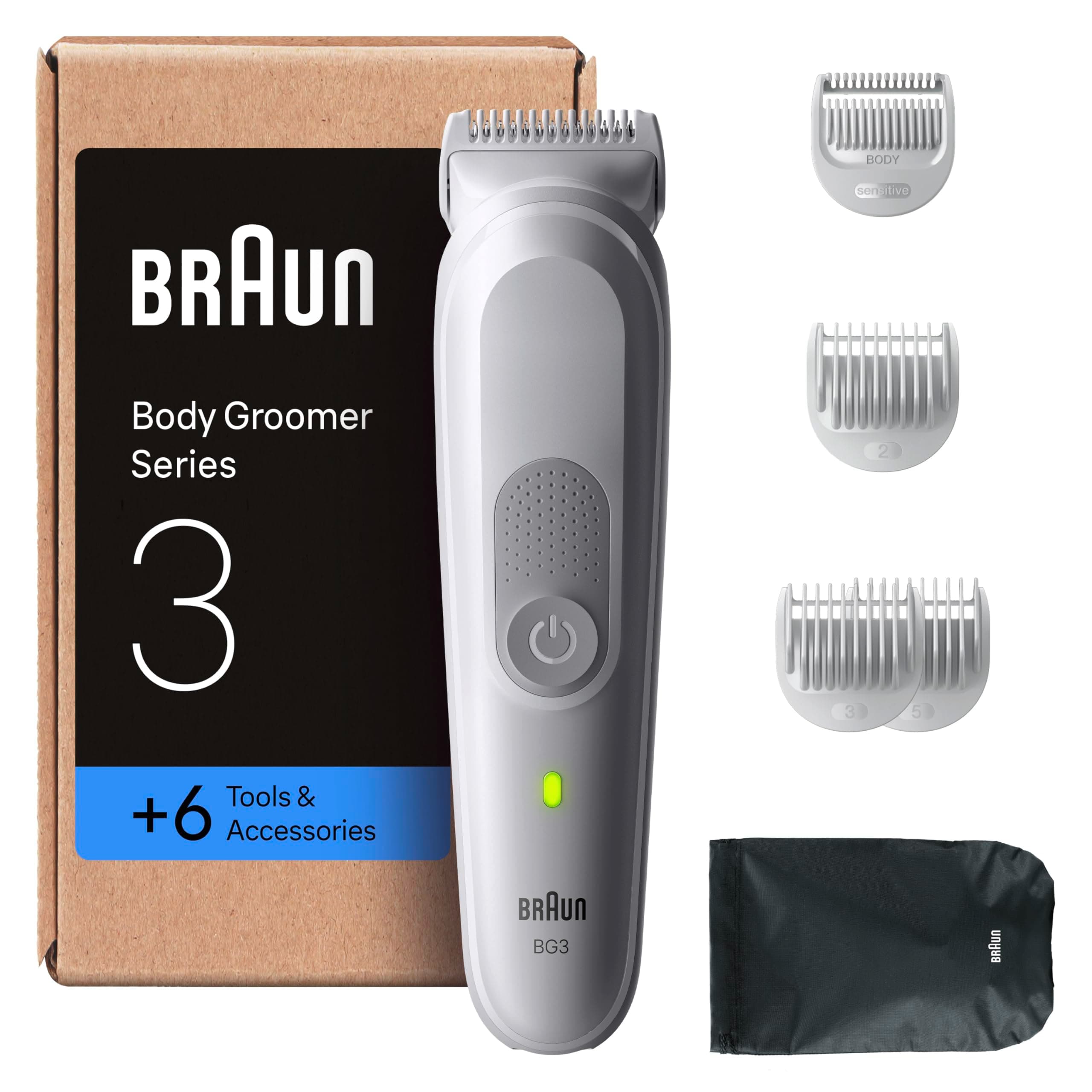 Braun Braun Body Groomer Series 3 Body Groomer + 6 Shaving Tools with SkinGuard Protection, 80 Min Battery Life, Gentle for Sensitive Areas, Shave and Mow, Waterproof, BG3575, Grey