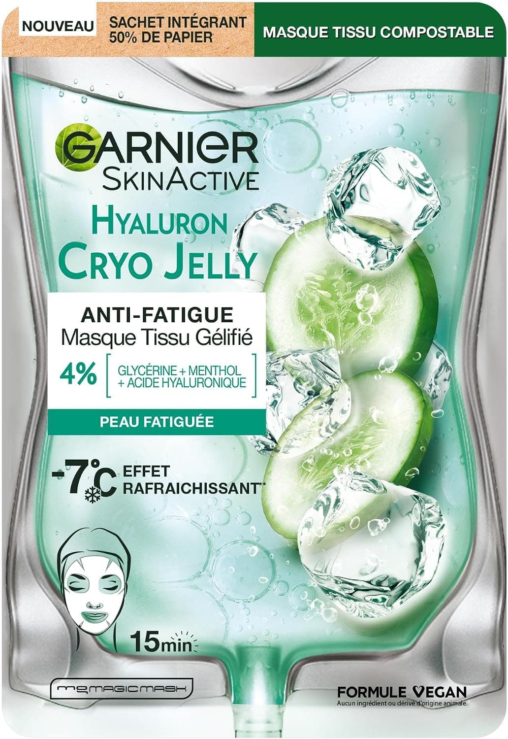 GARNIER Skin Active - Masque Visage Tissu Gélifié Hyaluron Cryo Jelly - Anti-Fatigue & Effet Rafraîchissant - Glycérine, Menthol & Acide Hyaluronique - Vegan & Cruelty Free - Peaux Fatiguées - x1 - Image 1