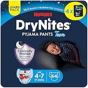 Huggies Drynites 4-7 Years Boy (17-30kg) - Absorbent Sleepwear for Bedwetting Children - x64 Pants (Pack of 4 Packs of 16)