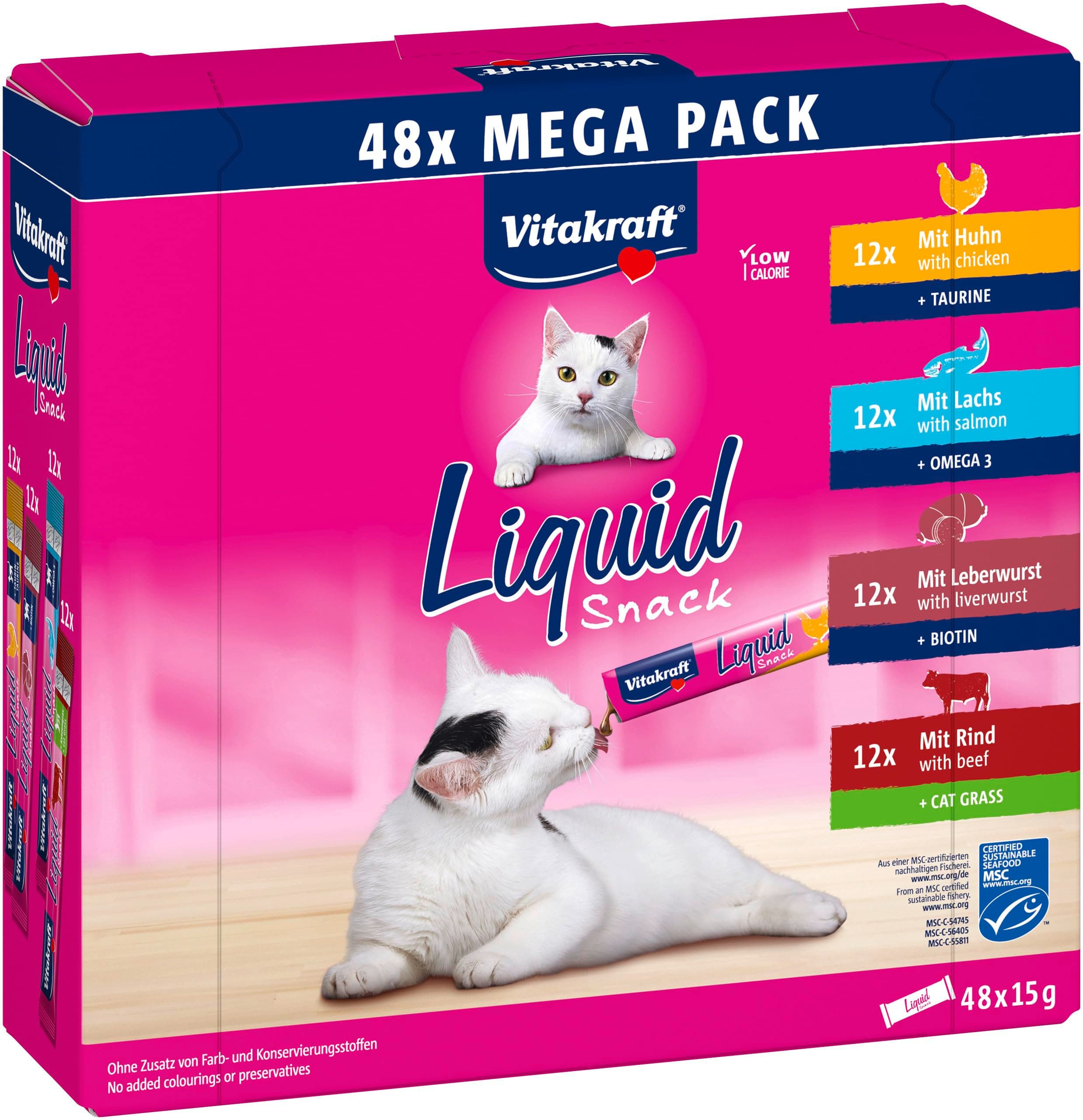 VITAKRAFT - Liquid Snack for Cats, Cat Treats in Mega Pack, Creamy Texture, Beef, Chicken, Salmon, 1 Economy Pack (48X 15G)
