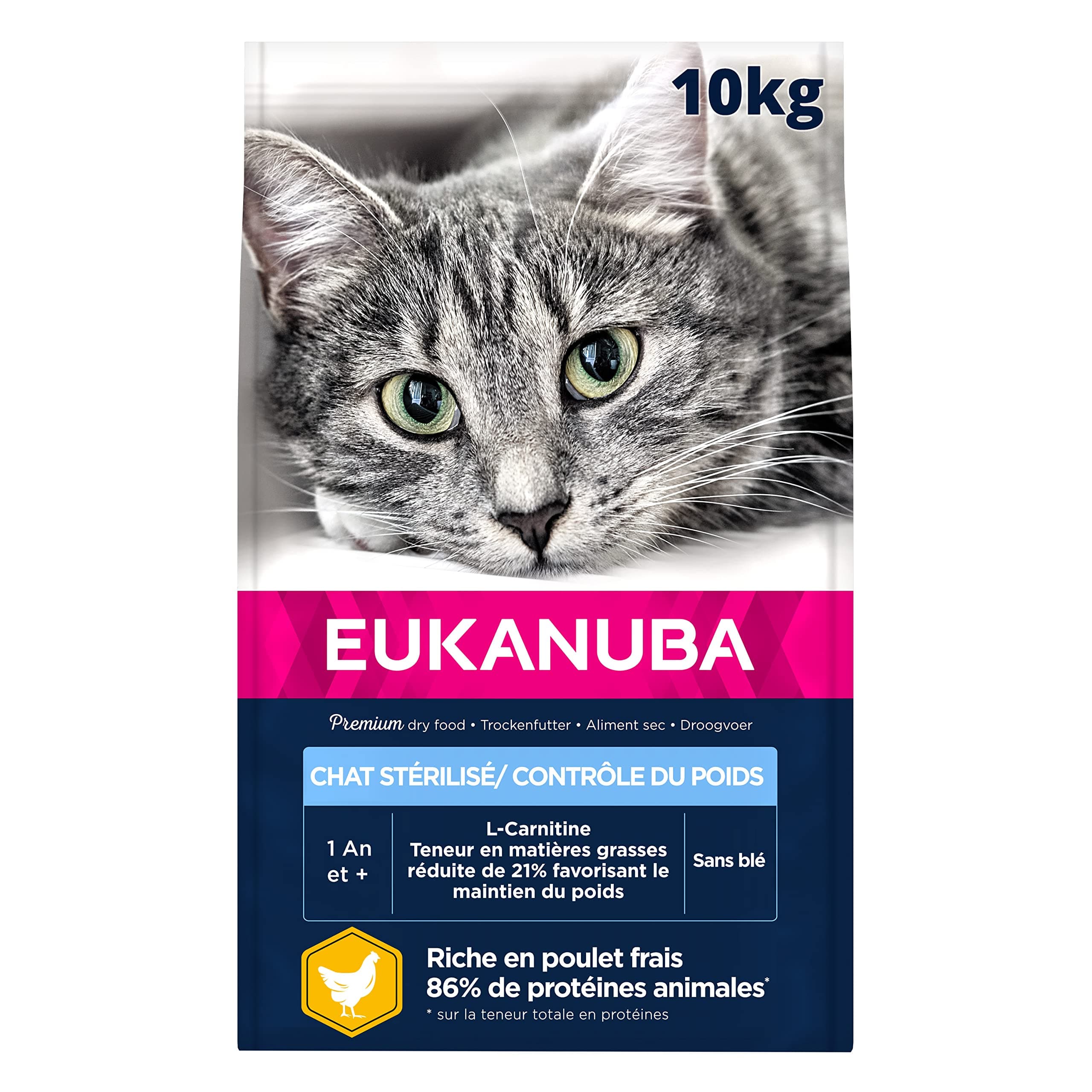 EUKANUBA - Sterilized or Overweight Cat Premium Dry Food – Adult, Senior – Complete and Balanced Food - Rich in Rice - Fresh Chicken – Non-GMO, Wheat Free - Resealable Bag – 10kg