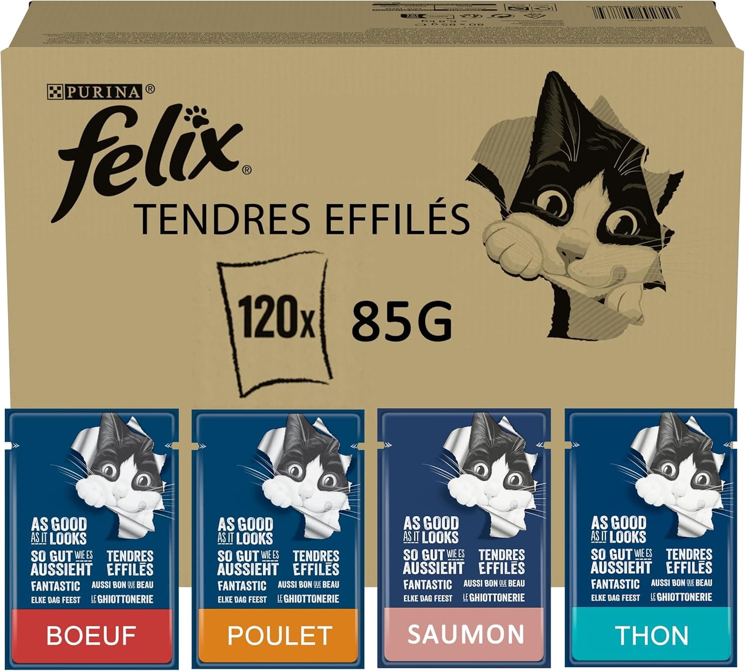 Felix | Tender Tapered | Complete Food for Adult Cats | Mixed Selection: Beef, Chicken, Salmon, Tuna | Jelly | Single Serving | 120x85g