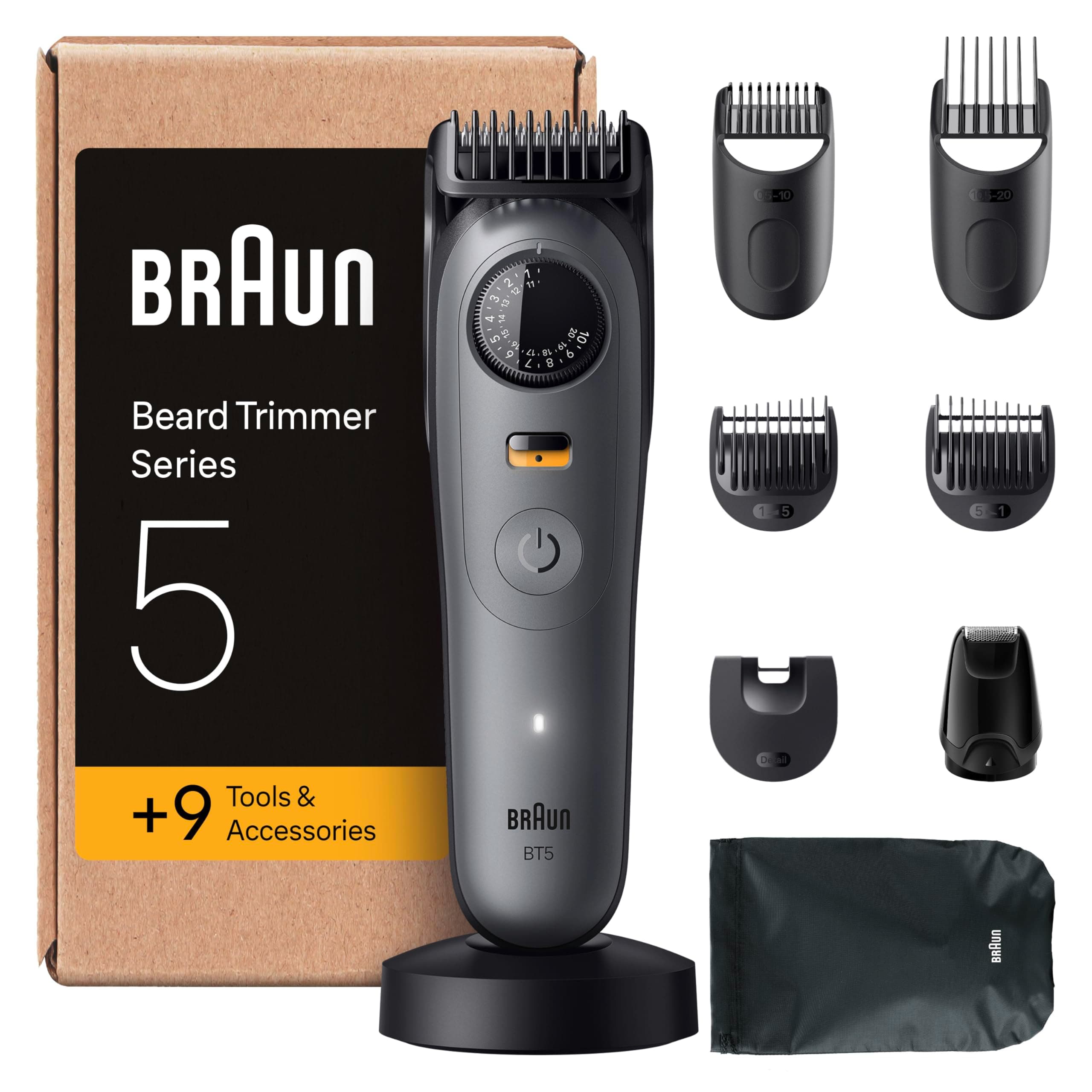 Braun Braun Series 5 Beard Trimmer + 9 Styling Tools, Ultra-Sharp Blade, 120 Min Runtime, 40 Lengths, Waterproof, Precision Wheel and Lock, BT5565, Grey