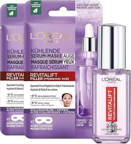 L'Oréal Paris - Anti-Wrinkle Eye Care Ritual - With Hyaluronic Acid & Caffeine - 1x Triple-Ball Roller Applicator Serum (20ml) & 2x Tissue Masks - Revitalift Filler - Image 1