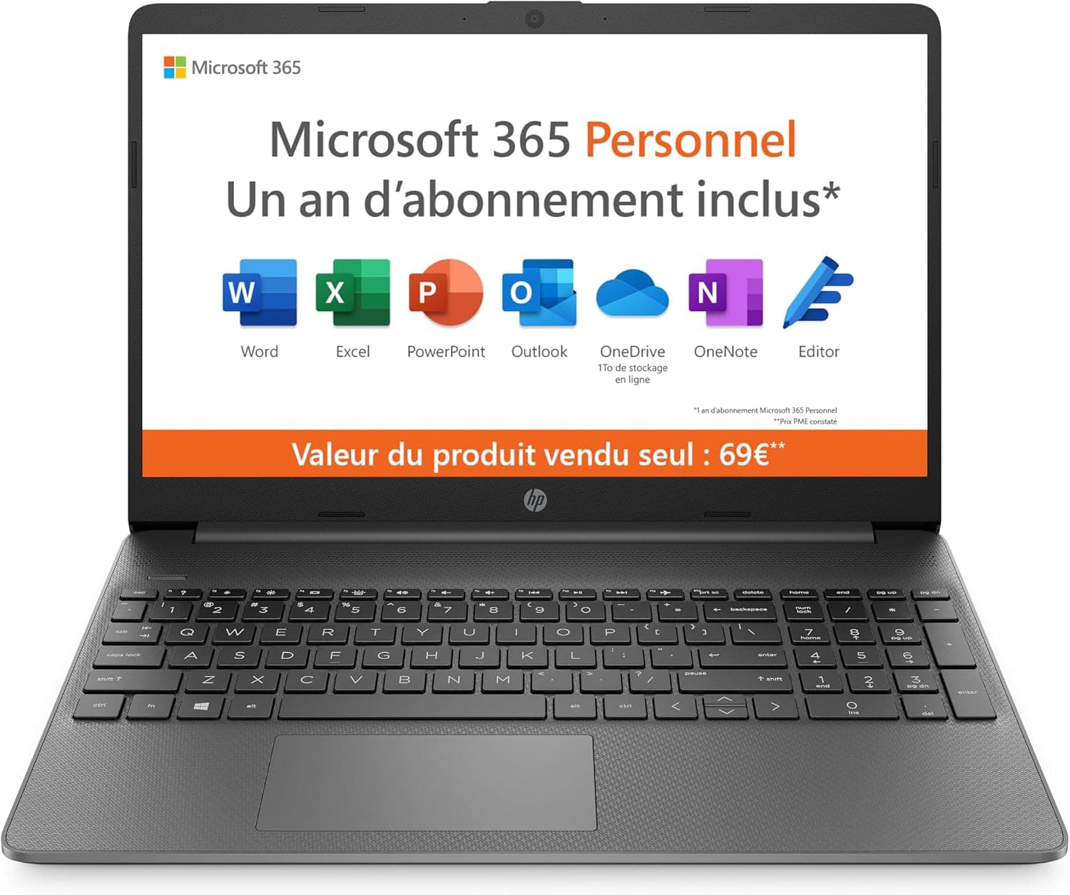 HP 15s-fq0003sf 15.6 inch FHD Laptop (Intel Celeron N4120, 4GB RAM, 128GB SSD, Intel UHD Graphics, Windows 11), Laptop Grey, AZERTY, Microsoft 365 Personal 12 Months Included - Image 1