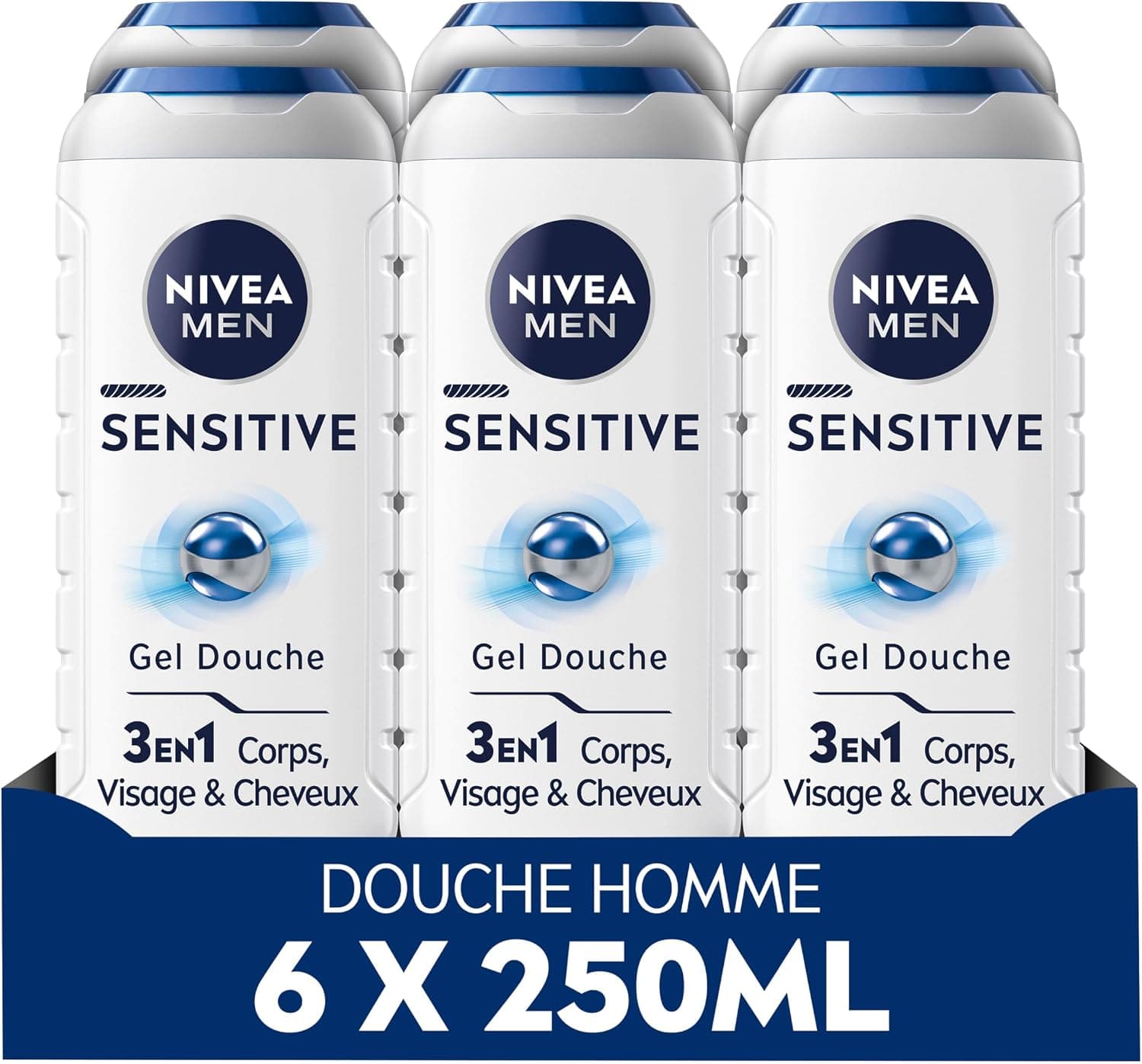 NIVEA MEN Gel Douche Sensitive (lot 6 x 250 ml) — Soin lavant enrichi à l'extrait de Bambou — Gel douche homme 3 EN 1 — Soin nettoyant doux Corps Visage & Cheveux pour les peaux sensibles