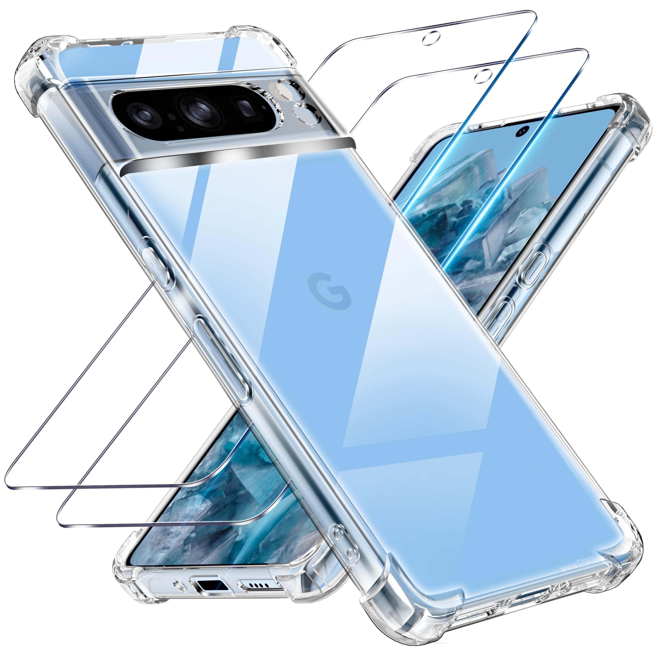 3 in 1 Tempered Glass and Case for Google Pixel 8 Pro, [Built-in Air Cushion] Anti-Yellowing Soft TPU Bumper Case Cover Protection for Pixel 8 Pro, Transparent - Image 1