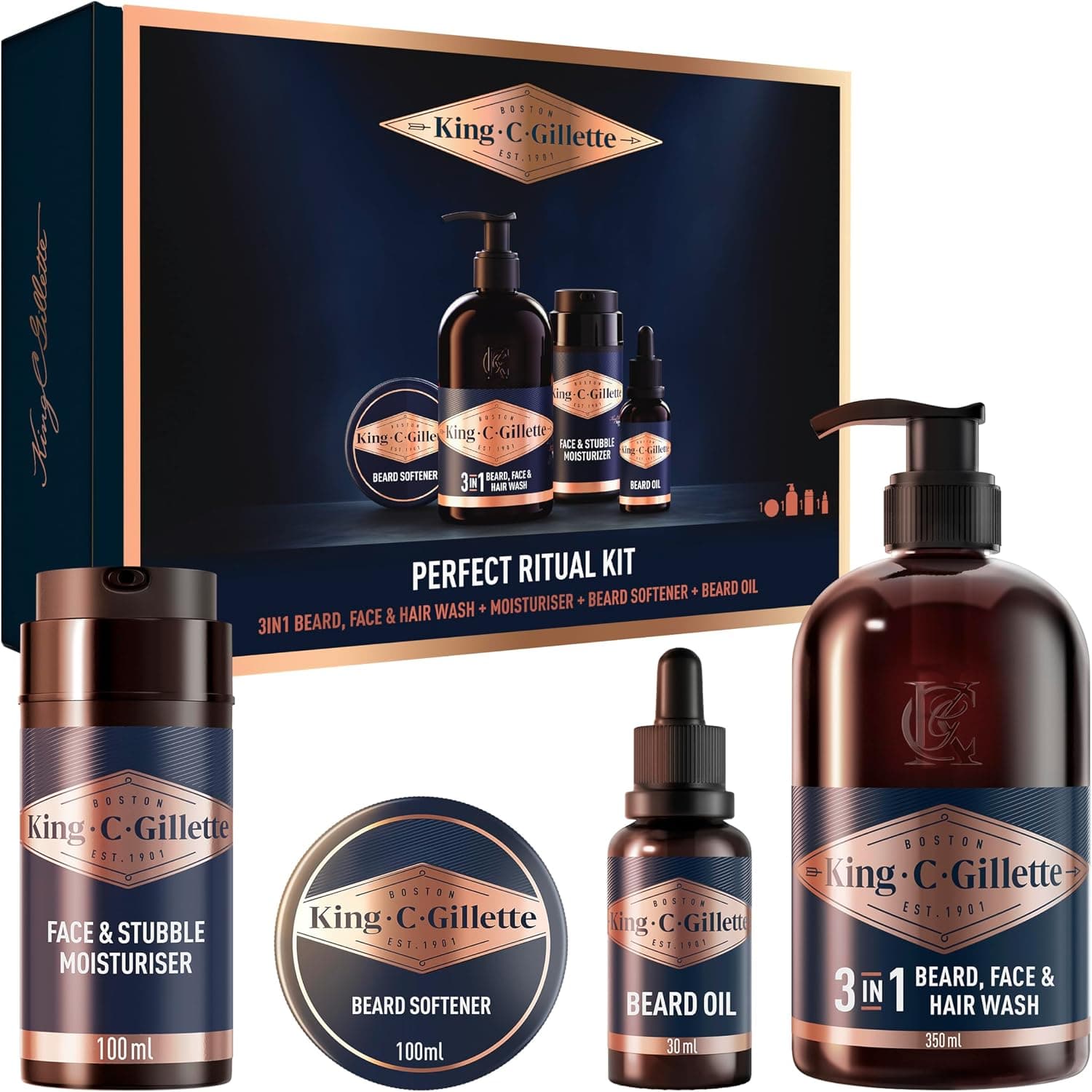Gillette King C. Kit Pour L'Entretien De La Barbe, Coffret De Rasage Pour Hommes Avec Nettoyant 3-en-1 Barbe, Visage Et Cheveux, Baume Adoucissant Et Soin Hydratant, Huile à Barbe
