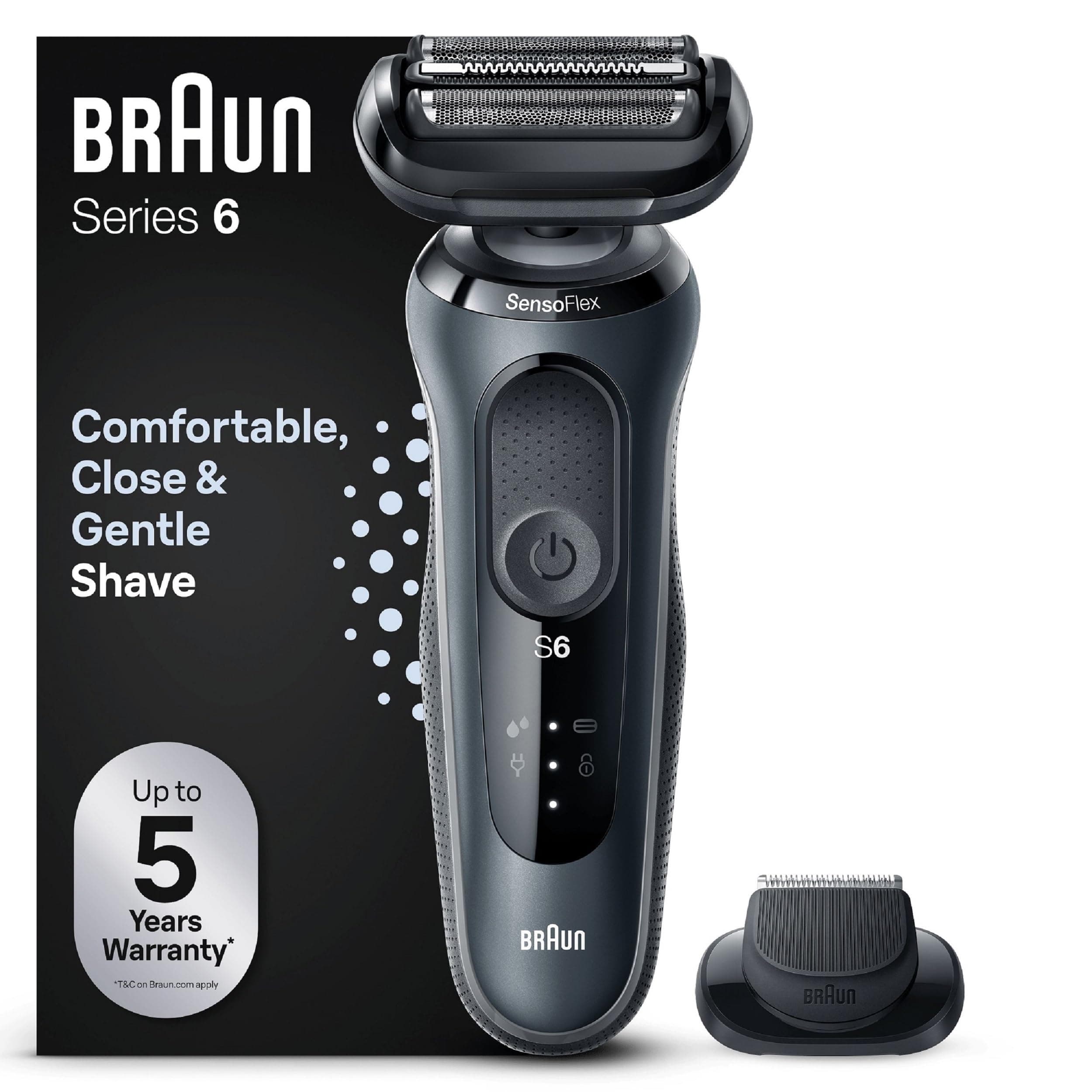 Braun Braun Men's Electric Shaver Series 6 61-N1200s, Grey, Wireless Grille, Shaving Set with Precision Trimmer Accessory, with Swivel Head for Shaving Beard and Face