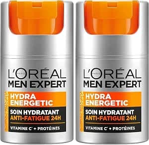 L'Oréal Men Expert - 24H Anti-Fatigue Moisturizing Treatment for Men - Moisturizes & Brightens - Concentrate in Vitamin C Pure 10% - Daily Use - Hydra Energetic - 50 ml (Pack of 2)