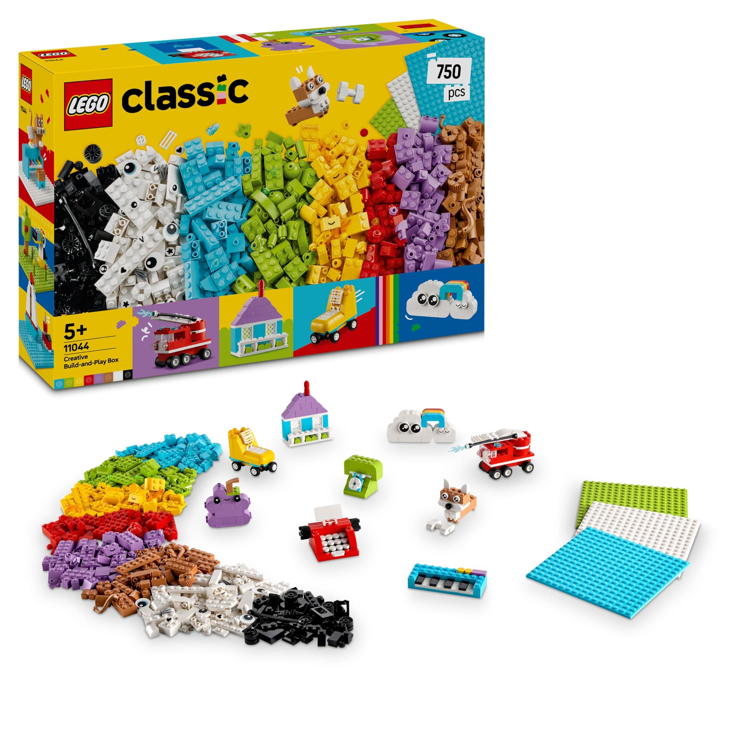 LEGO Classic Creative Build-and-Play Box - Colourful Bricks Set - Build a House, Dog, Fire Engine Toy, Piano Keyboard, Clouds & Rainbow - Arts and Crafts Kit for 5+ Year Old Boys & Girls - 11044 - Image 1