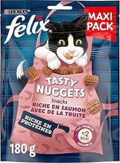 FELIX | TASTY NUGGETS | Snacks Chat Adulte | Friandises au Saumon et à la Truite | Aliment complémentaire riche en Protéines et Vitamines Oméga 6 | Sachets Fraîcheurs | Lot de 6 x 180 g