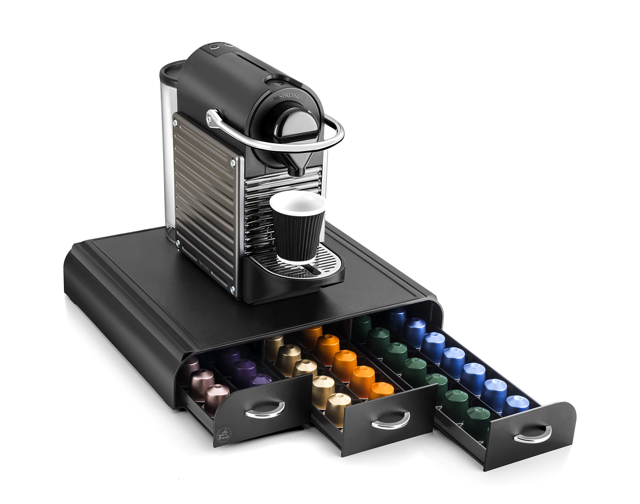 CEP Coffee Capsule Pod Holder Organizer with 3 Drawers, Nespresso Compatible, Take A Break, Black