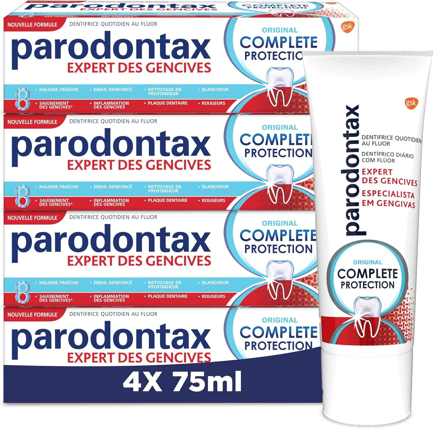 Parodontax PARODONTAX - Complete Protection Original Toothpaste - Offers 8 Specific Benefits for Healthy Gums & Strong Teeth - Fights Dental Plaque - 4 x 75 ml