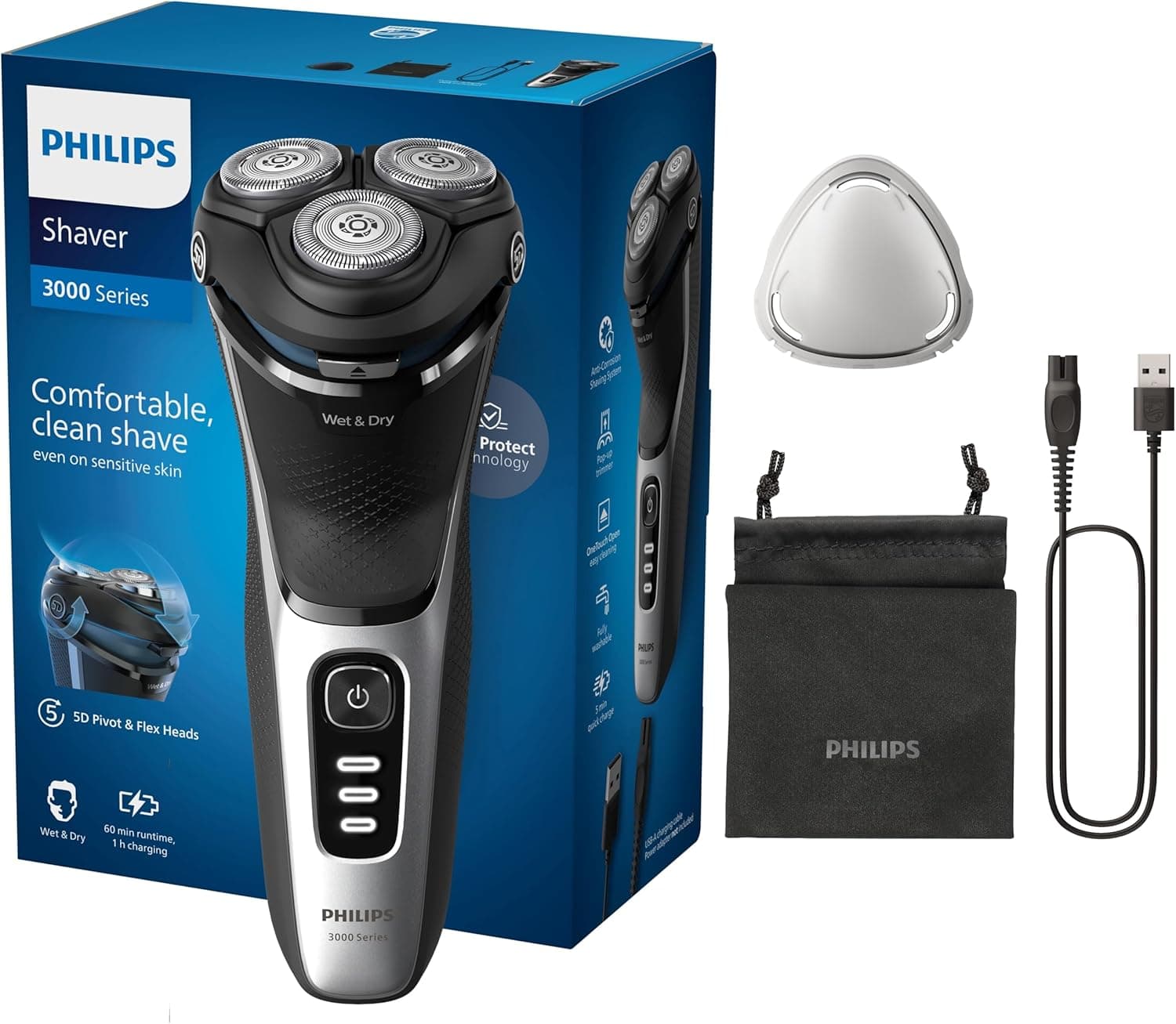 Philips Philips Electric Shaver Series 3000 - rasoir électrique Wet & Dry pour hommes avec technologie SkinProtect, couleur Noir, tondeuse rétractable, rasoir sans fil avec housse de voyage (modèle S3241/12)