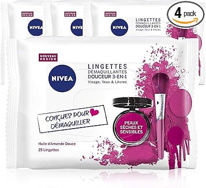 NIVEA NIVEA 3-in-1 Gentle Makeup Remover Wipes (4 x 25 ST), 3-in-1 Make-up Remover Dry and Sensitive Skin with Sweet Almond Oil, Face Cleanser, Eye & Lip Cleanser