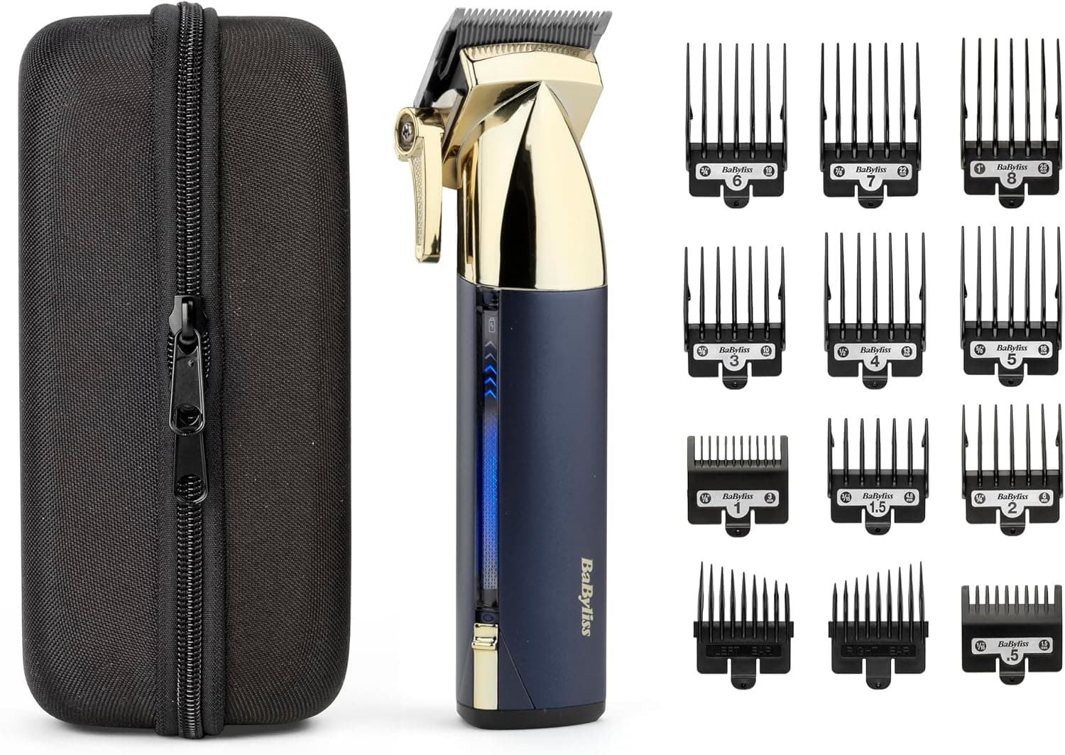 BaByliss BaByliss Super-X Tondeuse à cheveux en métal, sans fil, lames en acier japonais conçues avec précision, kit de toilettage pour cheveux, cadeaux pour hommes (doré/bleu)