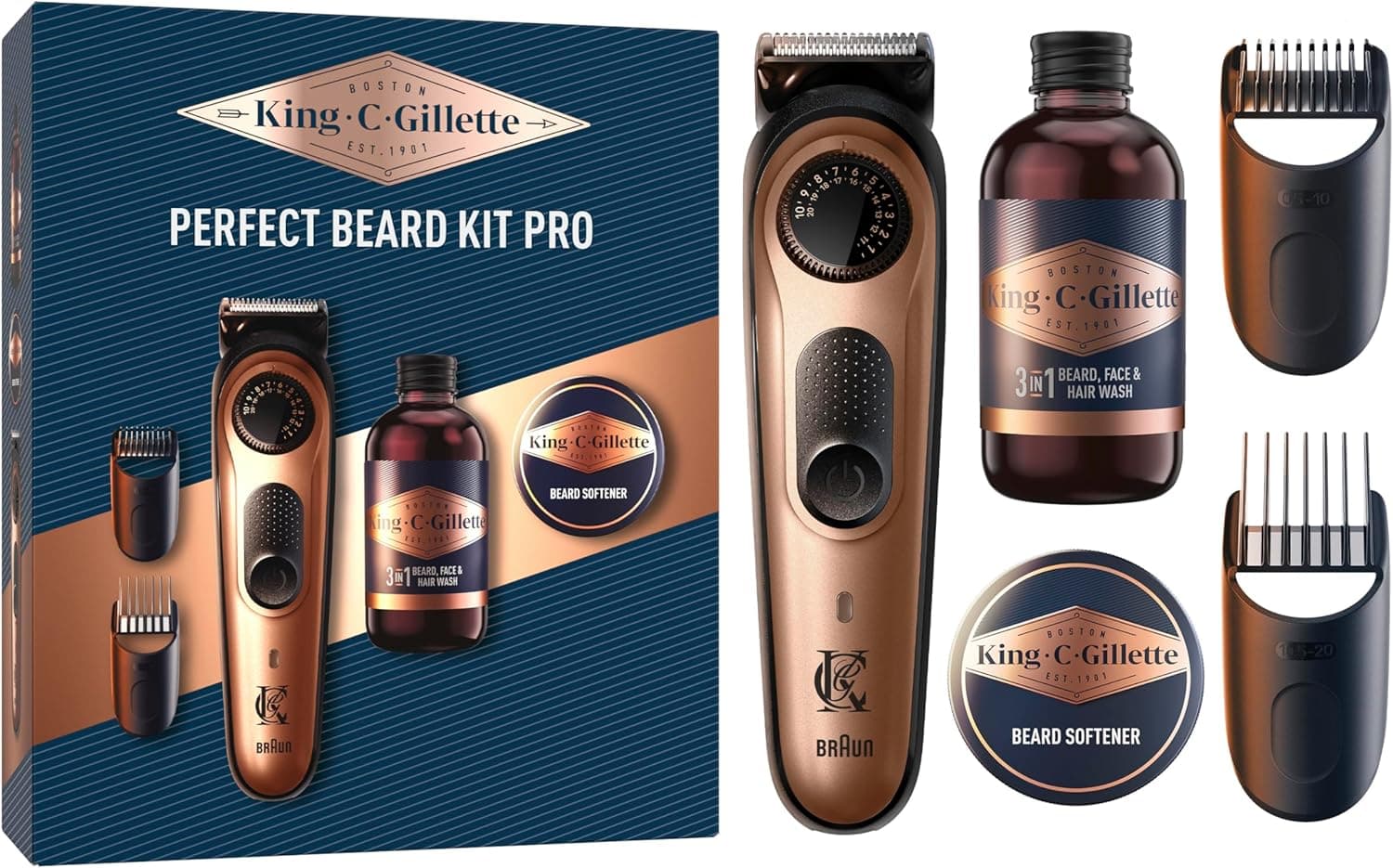 King C. Gillette Gillette King C. Coffret Cadeau Homme, Kit Soin De Barbe Inclus Tondeuse PRO Electrique, Roue De Précision Pour 40 Longueurs De Barbe Pour Un Rasage Efficace, Mini Nettoyant, Mini Baume, 2 Sabots